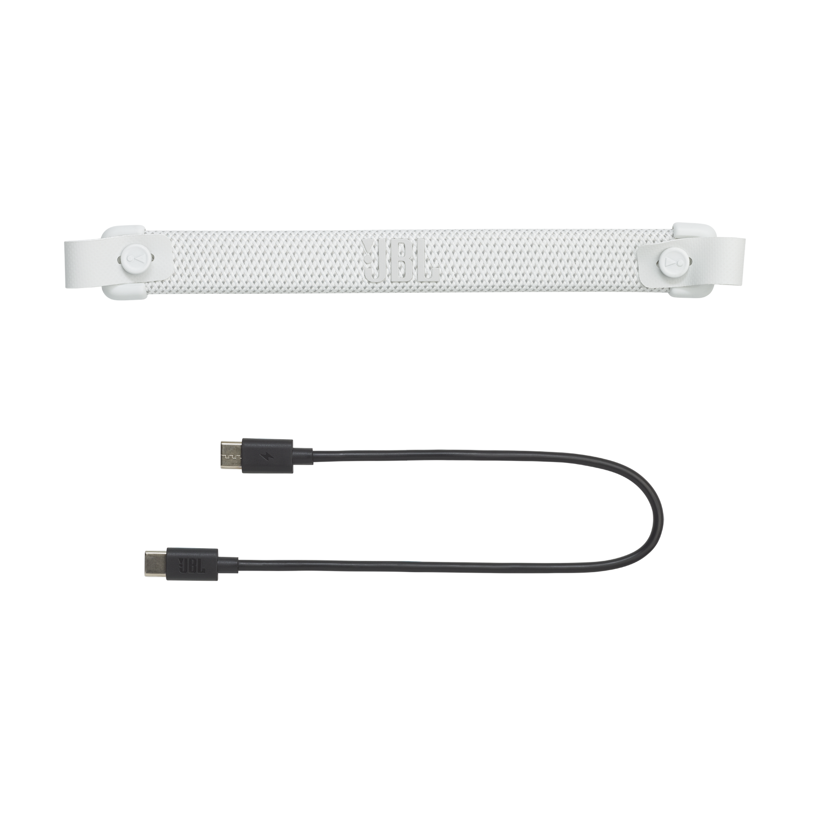 Beyaz kayış ve iki siyah USB kablosu. Biri USB-C.