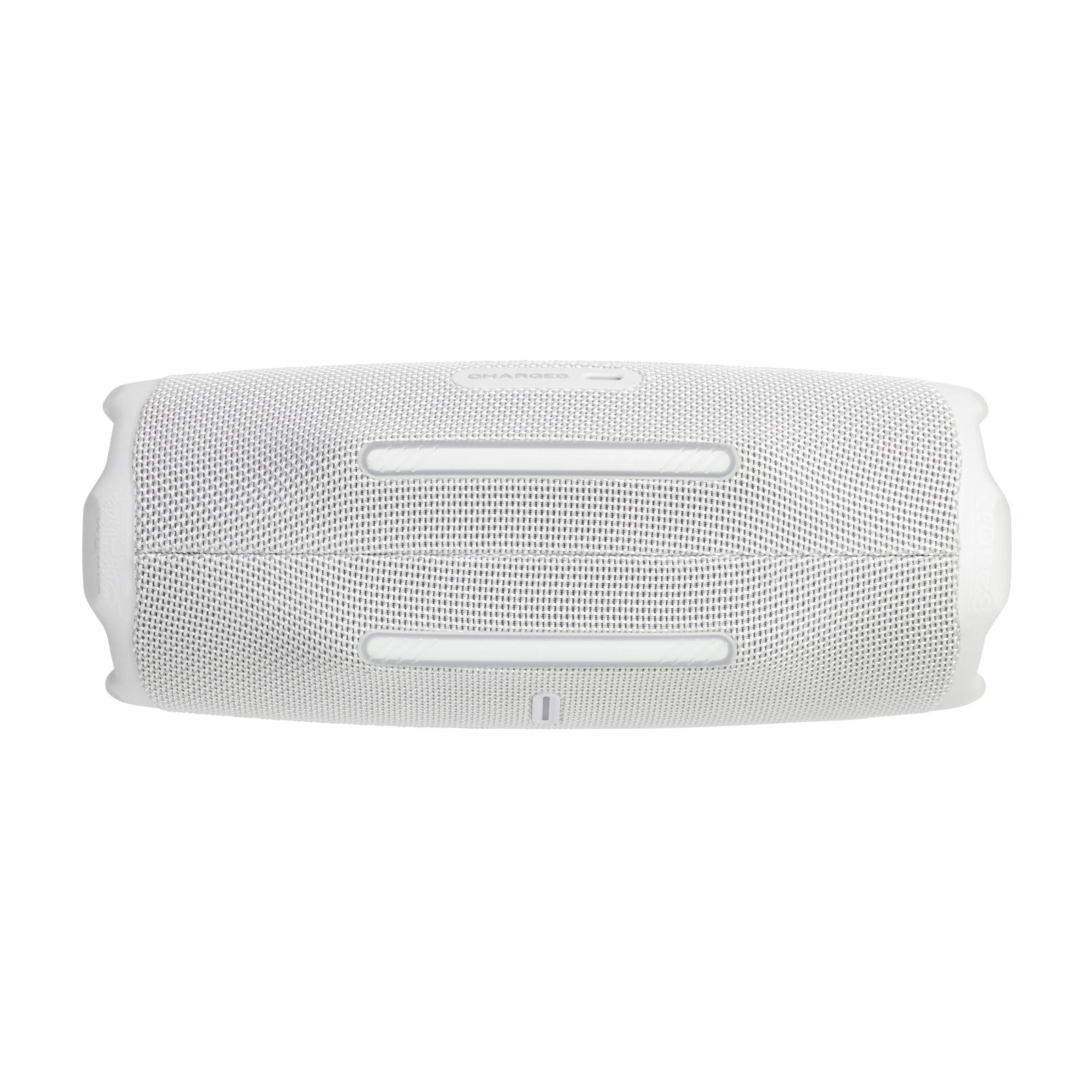 Beyaz JBL Charge hoparlör. Üstten görünüm, beyaz ağ, iki ışık.