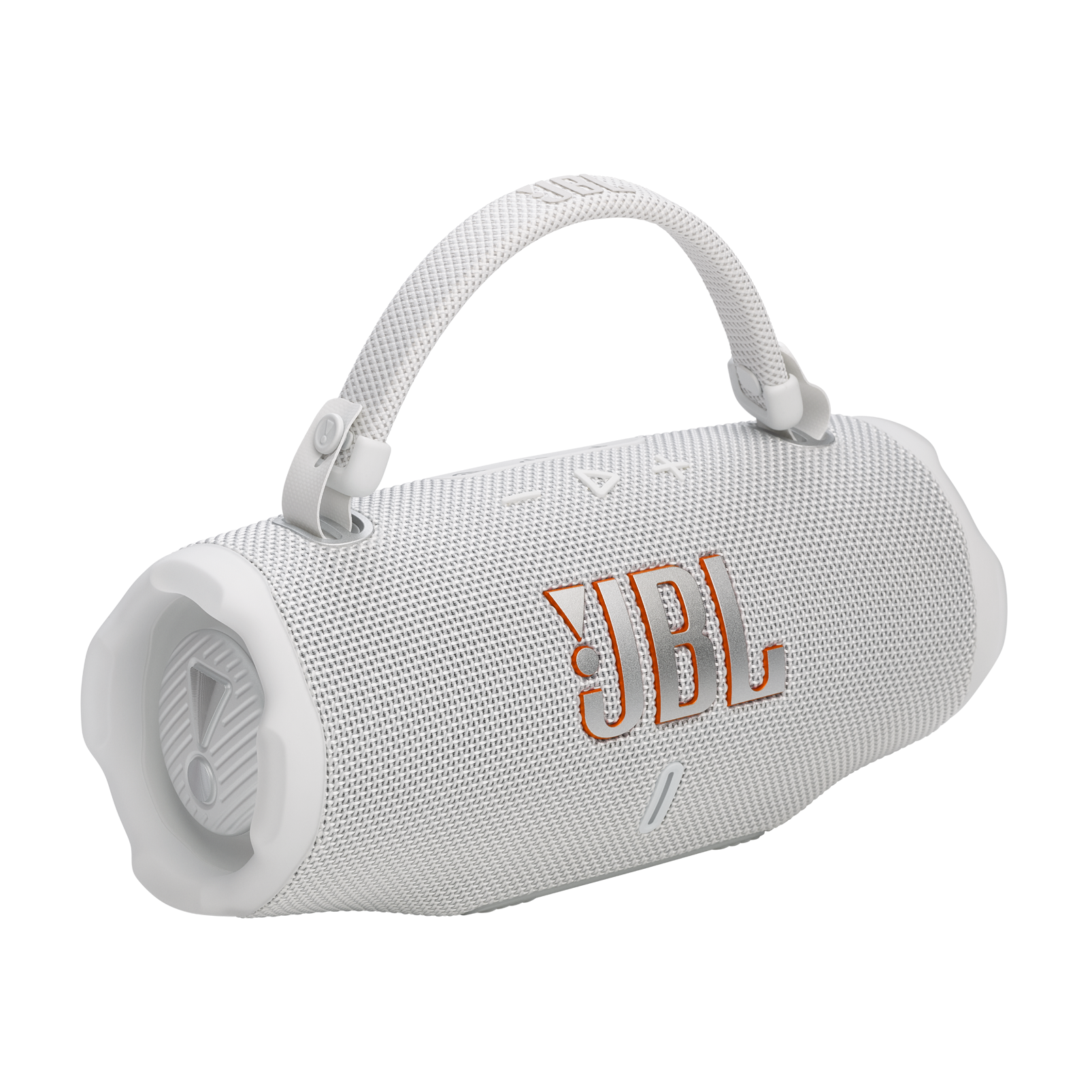 Beyaz bir JBL hoparlör, bir tutamak ve turuncu JBL logosu ile.