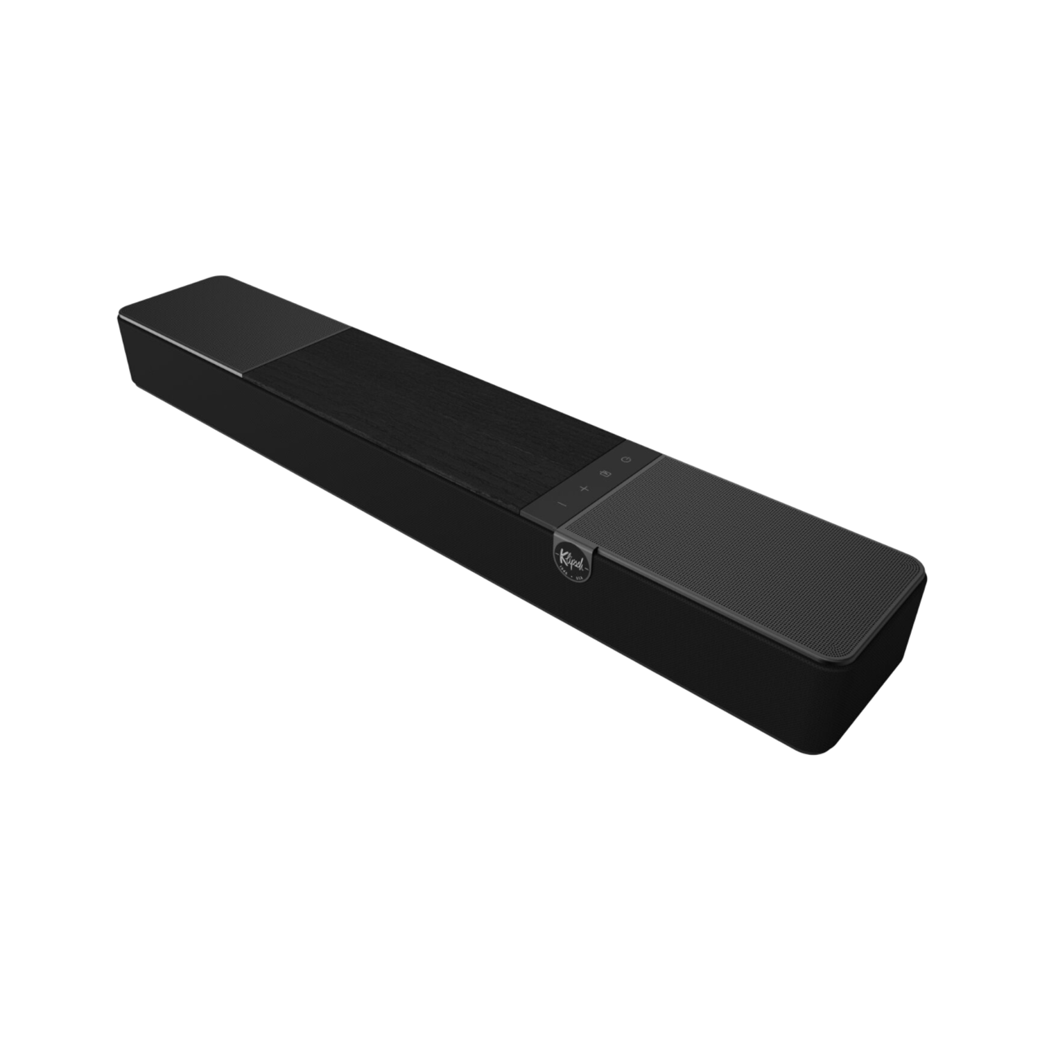 Een zwarte soundbar met een houtnerf bovenkant en een luidsprekerrooster.