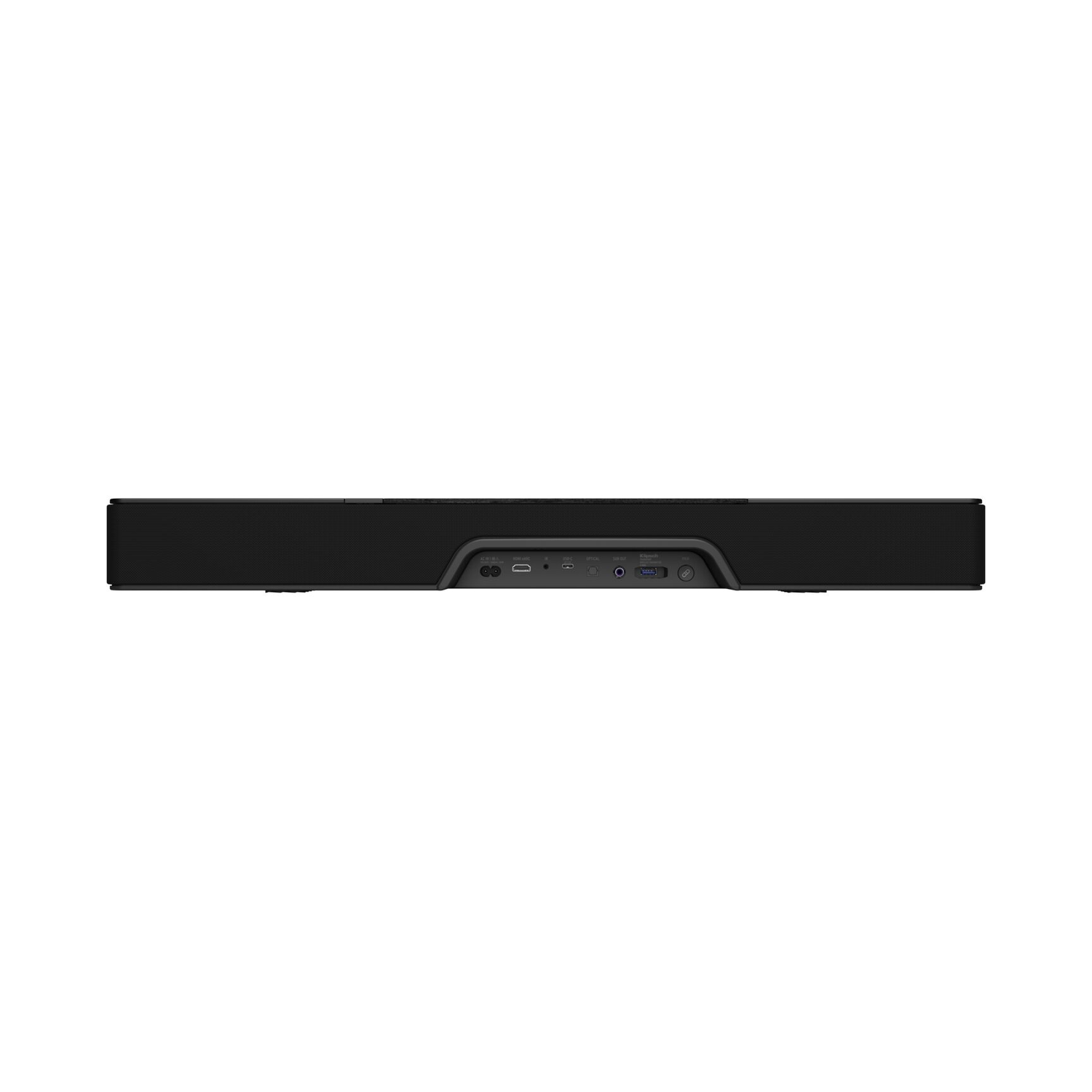 Zwarte soundbar met poorten, van onderaf bekeken, op een witte achtergrond.