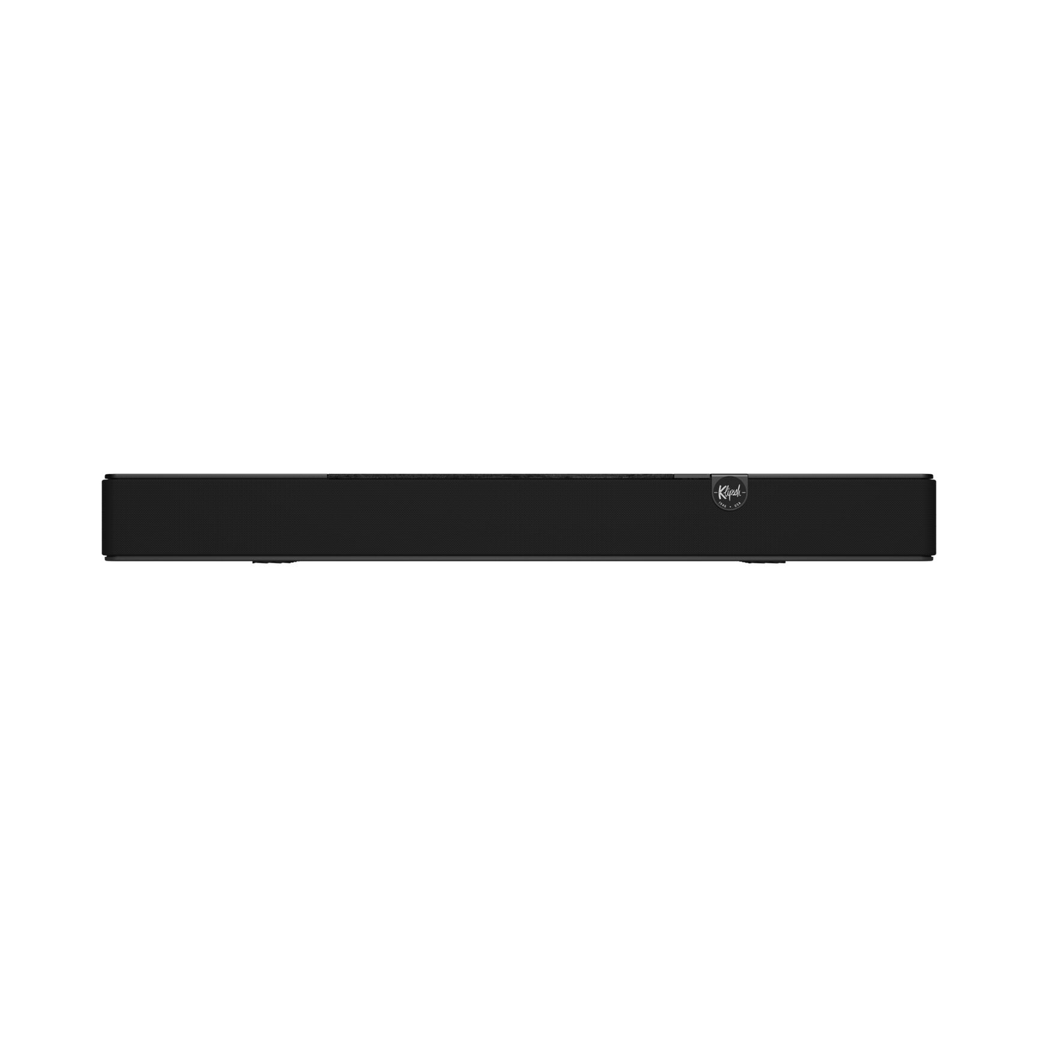 Zwarte soundbar met logo op witte achtergrond.