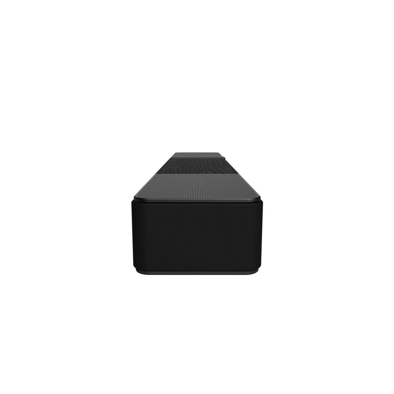Een zwarte soundbar op een wit oppervlak.