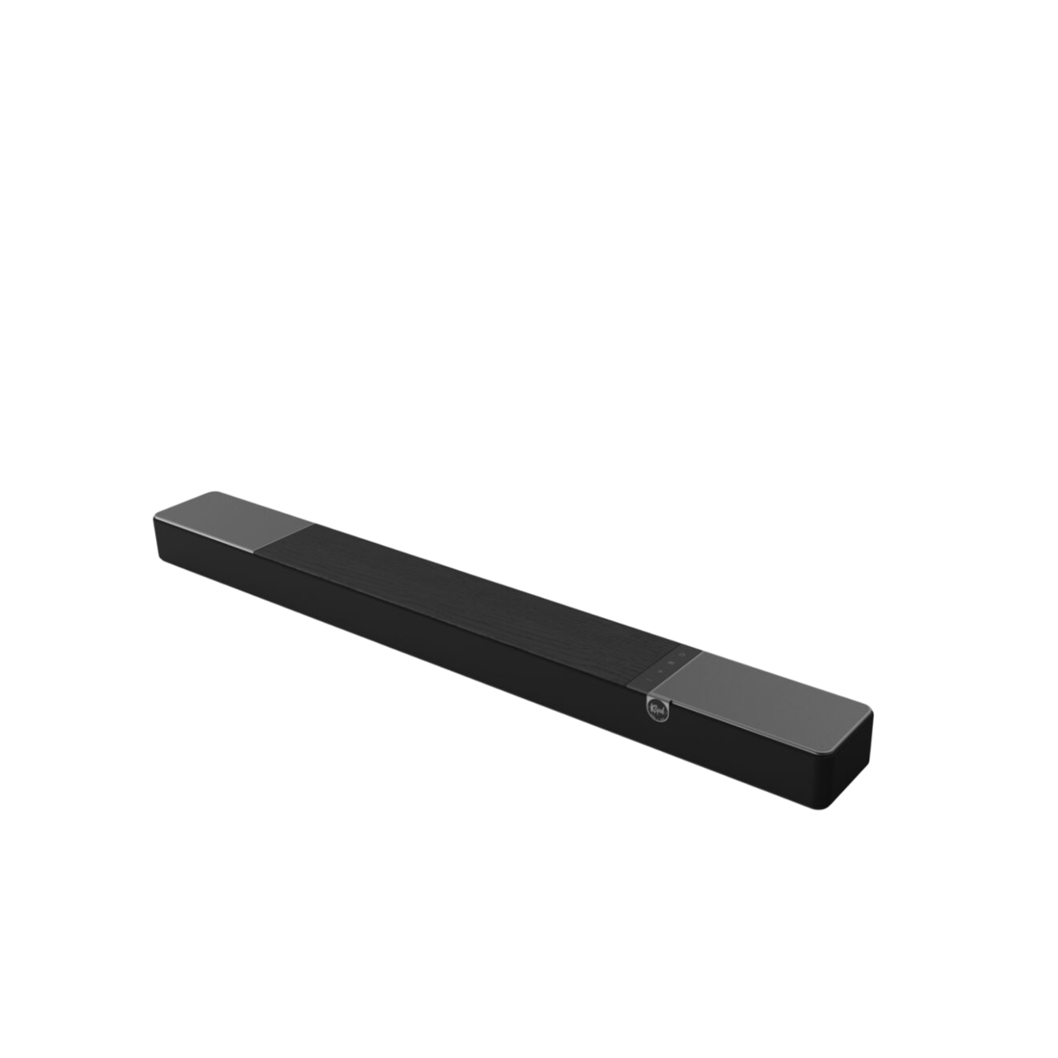 Een lange, zwarte soundbar met een houten middenstuk. Geplaatst op een zwarte achtergrond.