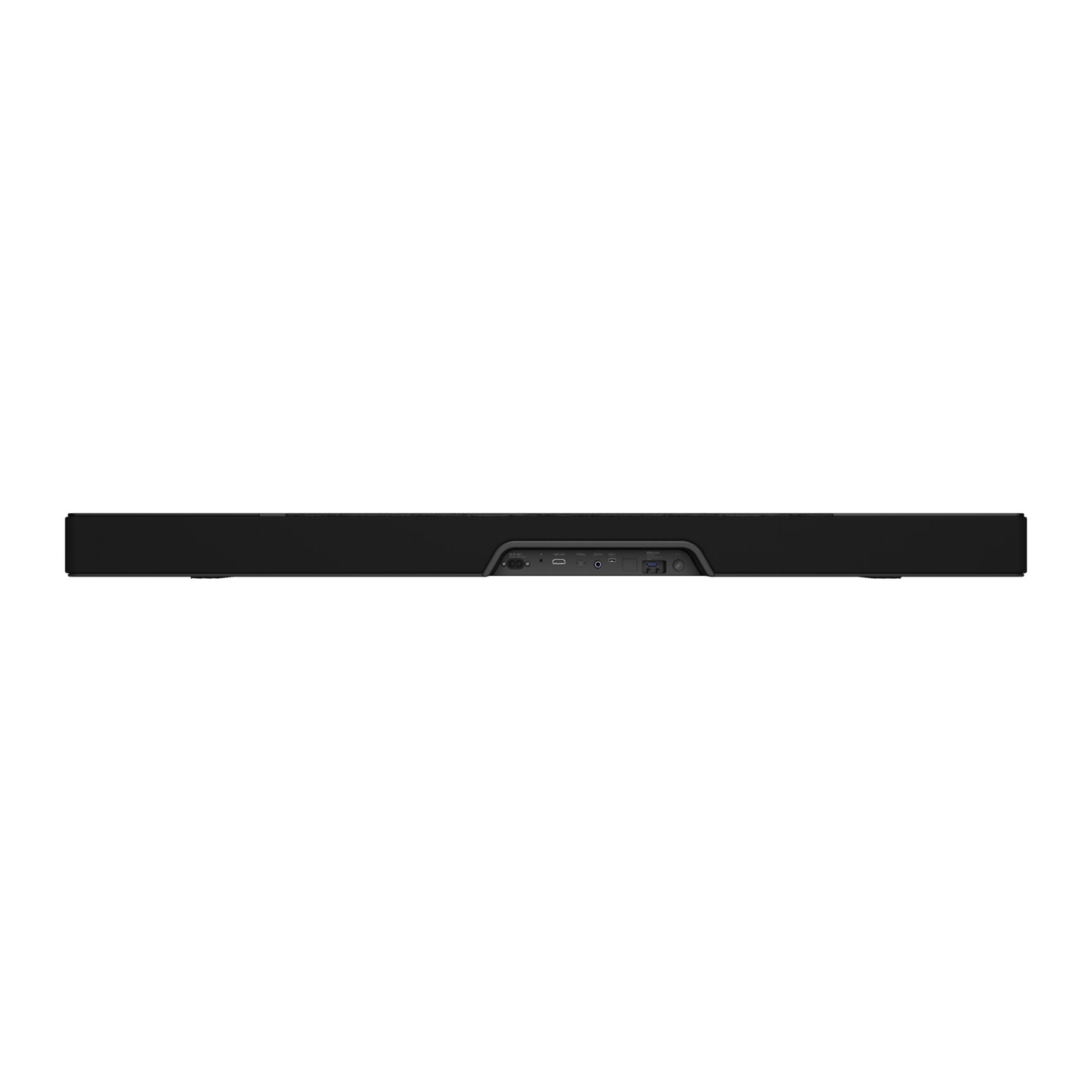 Achterkant van een zwarte soundbar. Poorten voor aansluitingen zijn zichtbaar.