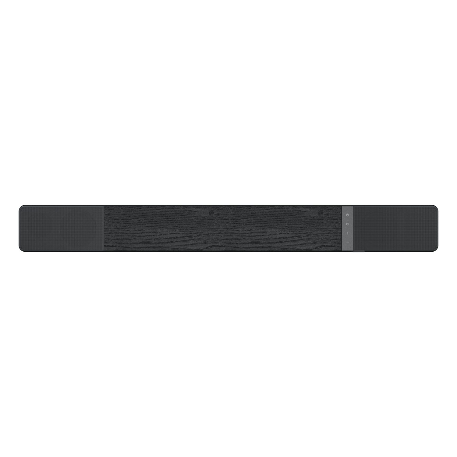 Een zwarte soundbar, bovenaanzicht, met een middenstuk met houtnerf.