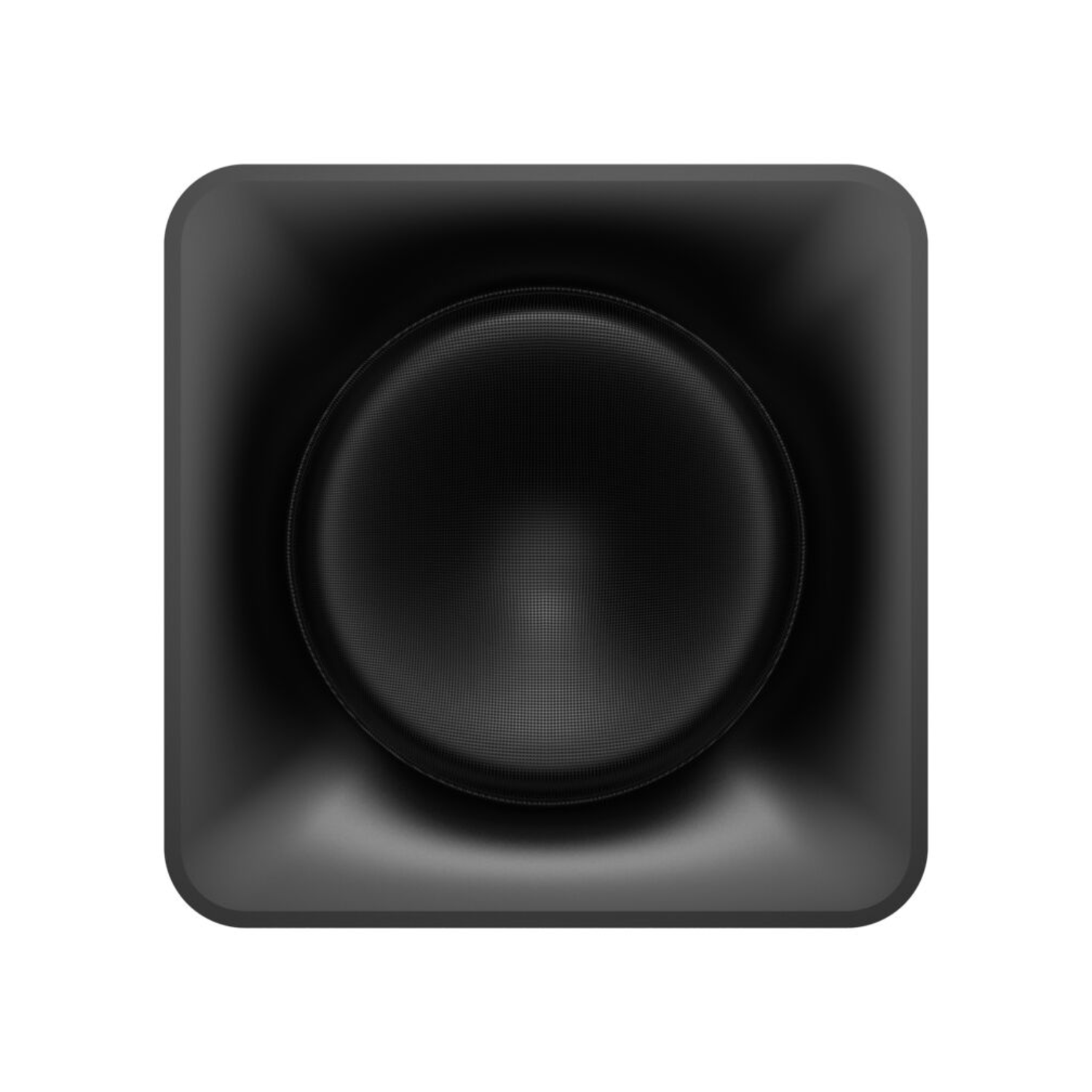 Black speaker with a rounded central speaker and square frame.