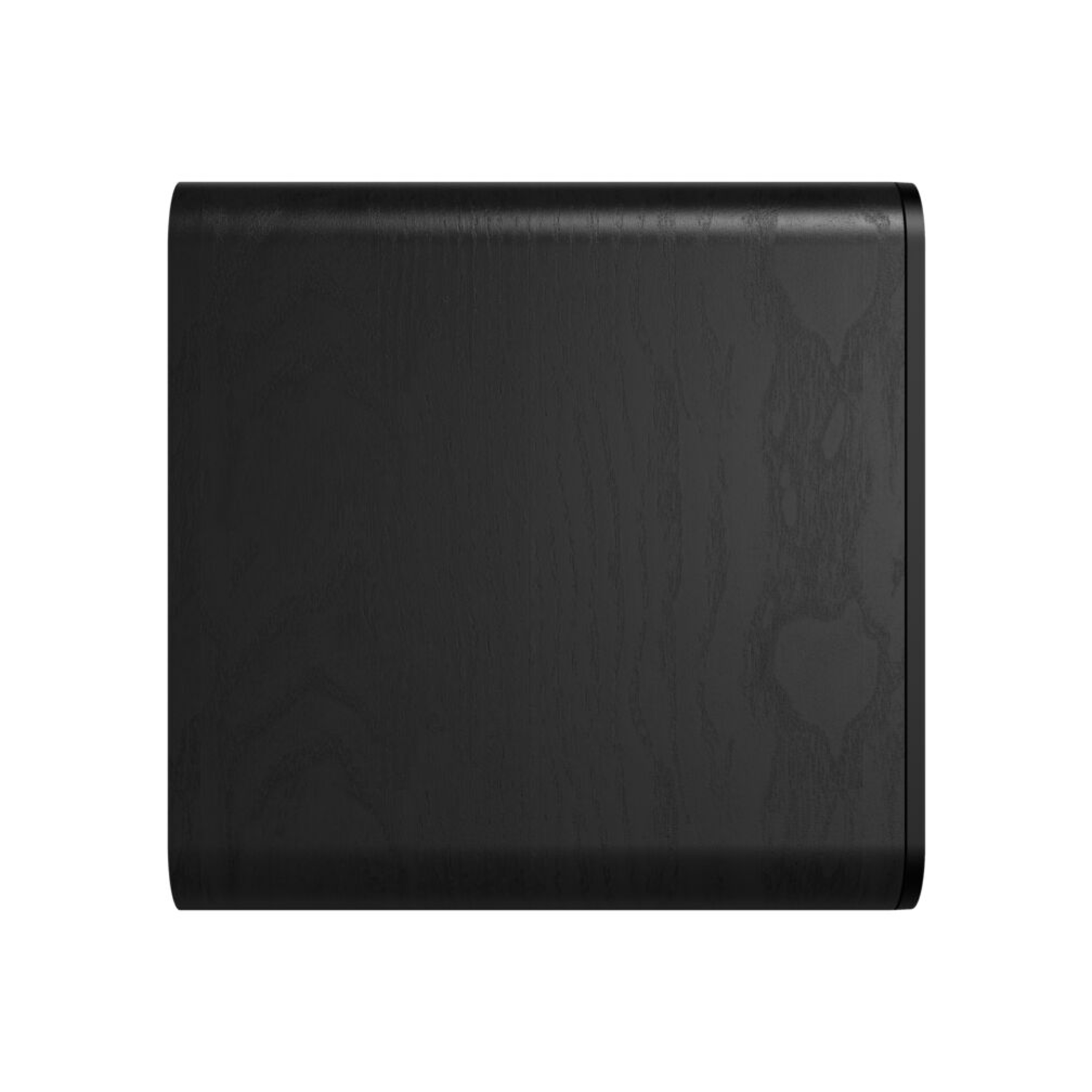 A black, wooden-textured, rectangular audio device, top view.