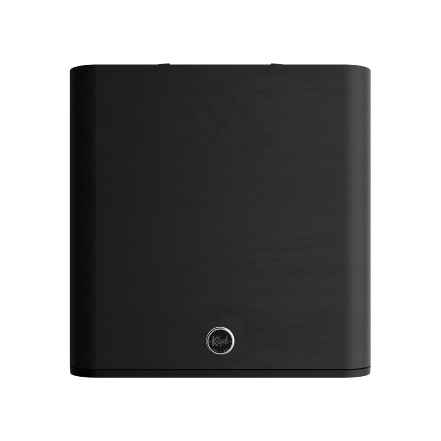 Black speaker with a logo. The front is flat, and the edges are rounded. Bottom has a small silver circle.