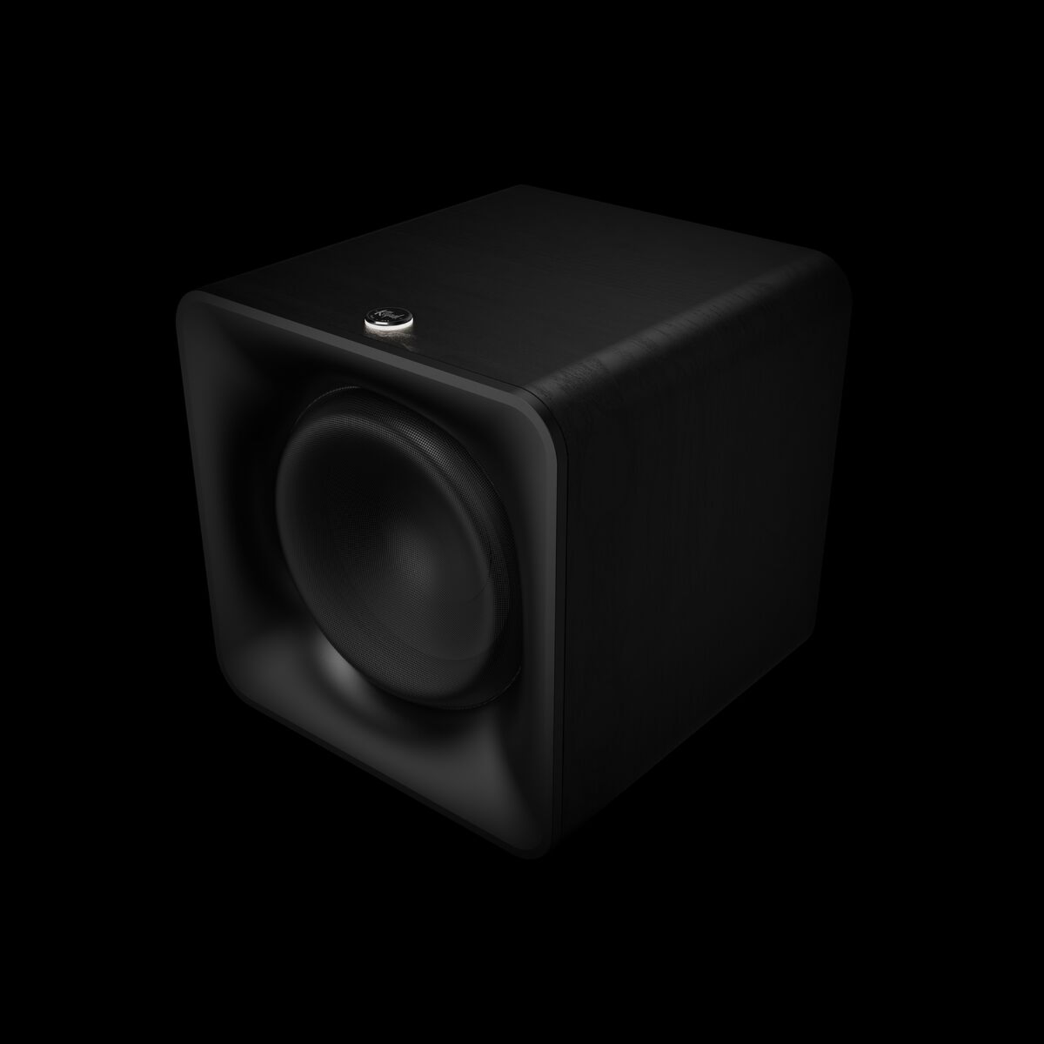 A black subwoofer with a speaker facing forward against a black background.
