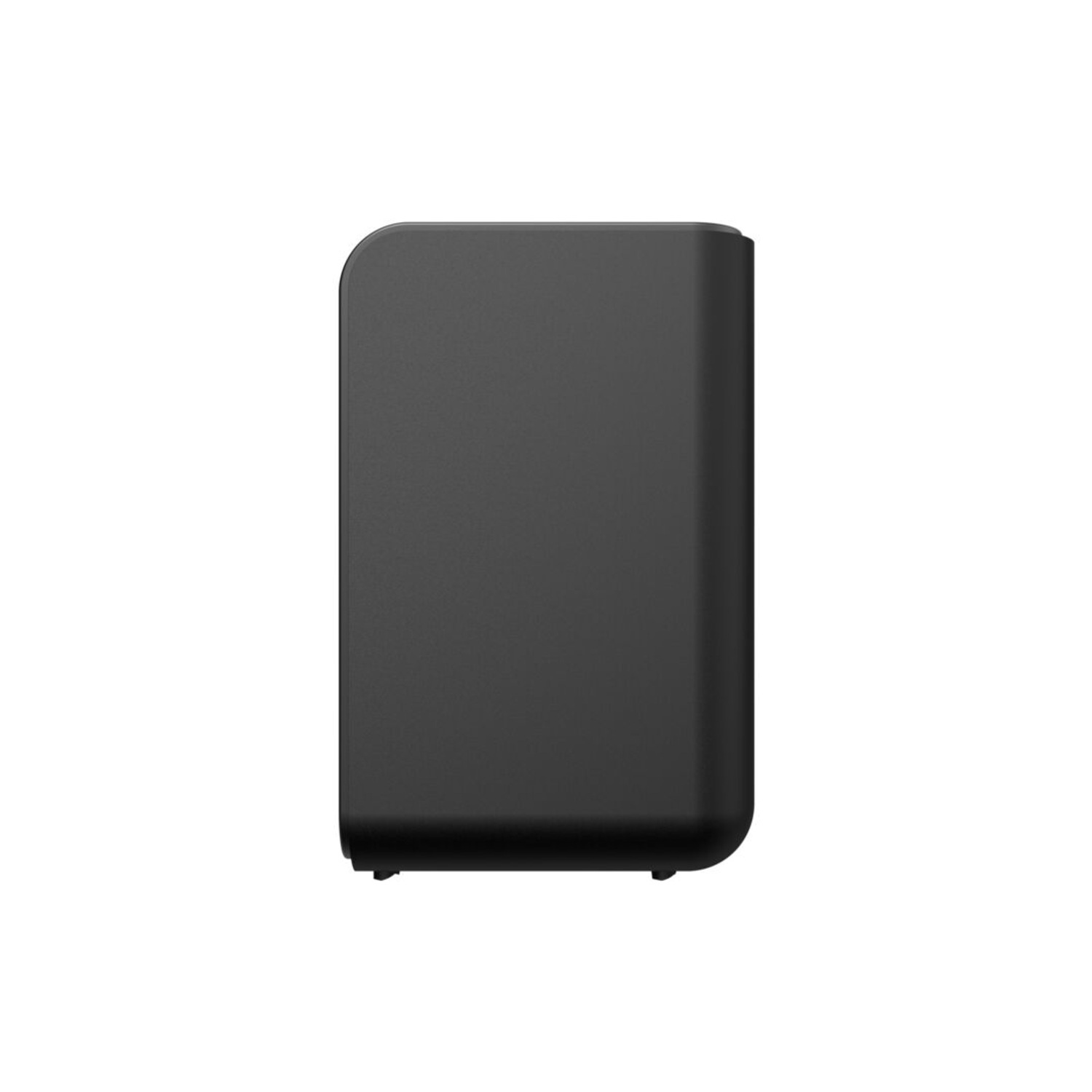 Een zwarte subwoofer. Het zijprofiel is zichtbaar. De vorm is rechthoekig.