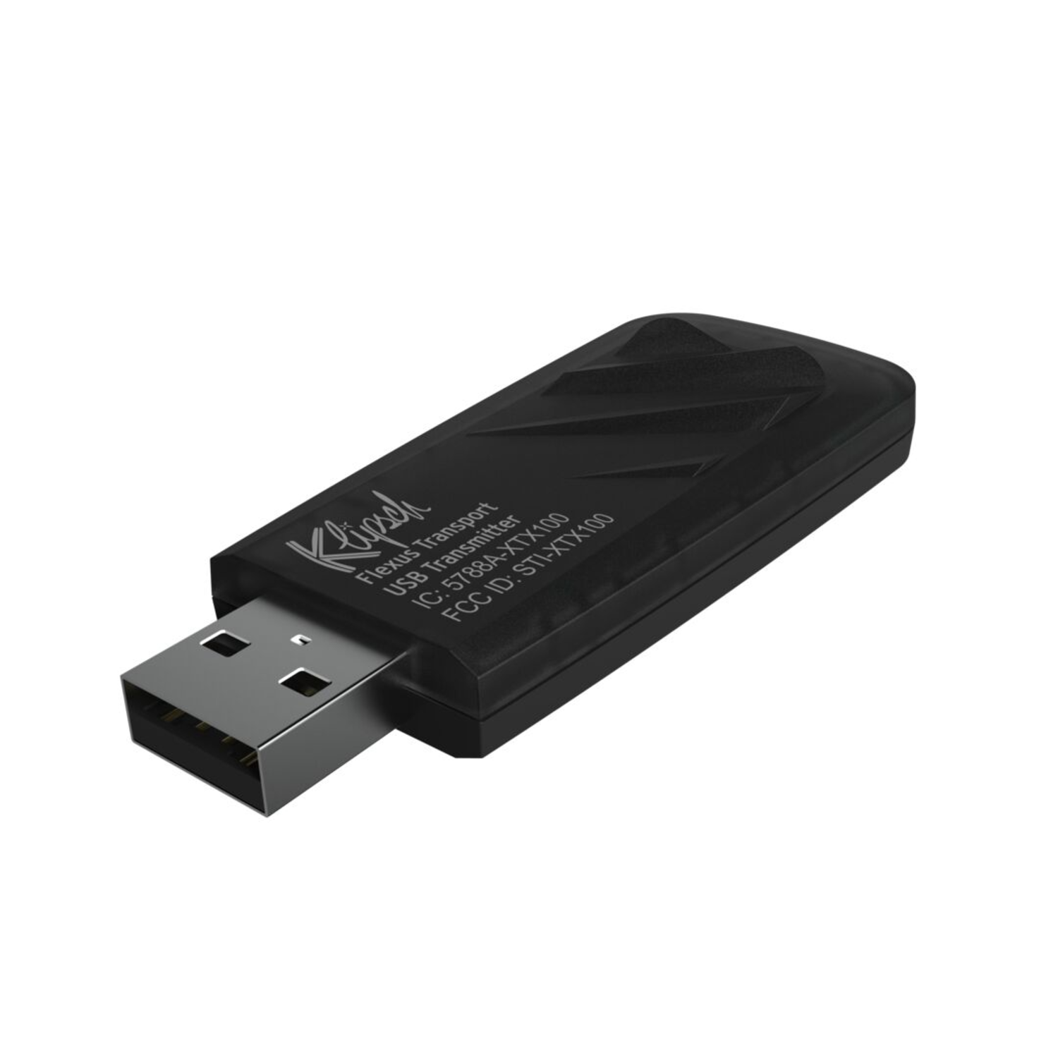 Zwarte USB-zender met Klipsch-logo en productinformatie.