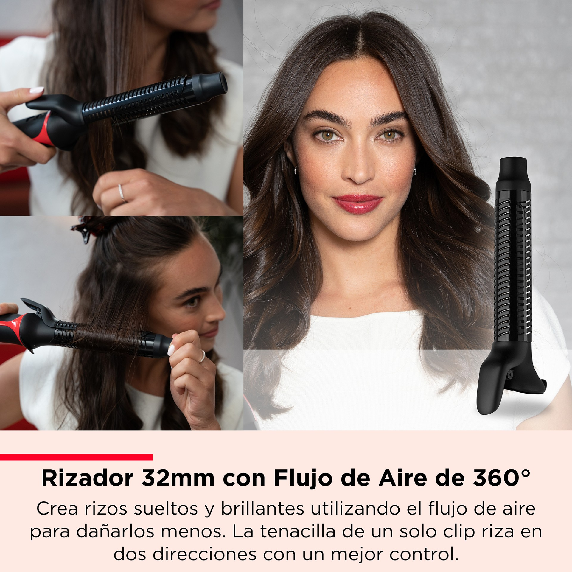 Mujer con cabello ondulado usando un rizador, con texto sobre el producto.