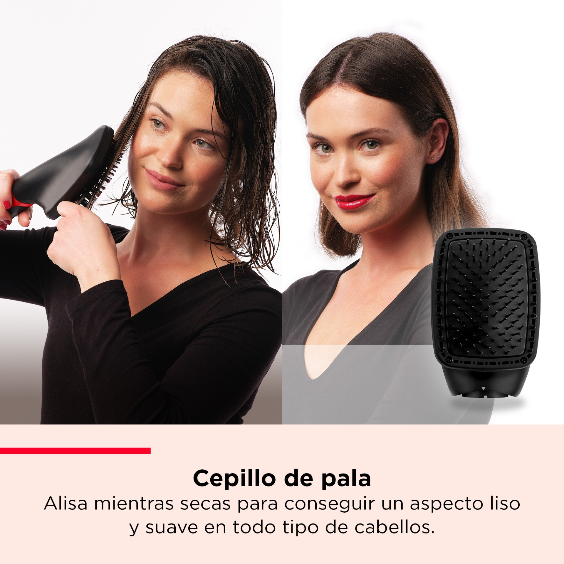 Mujer cepilla su cabello mojado con un cepillo plano negro, fondo blanco.
