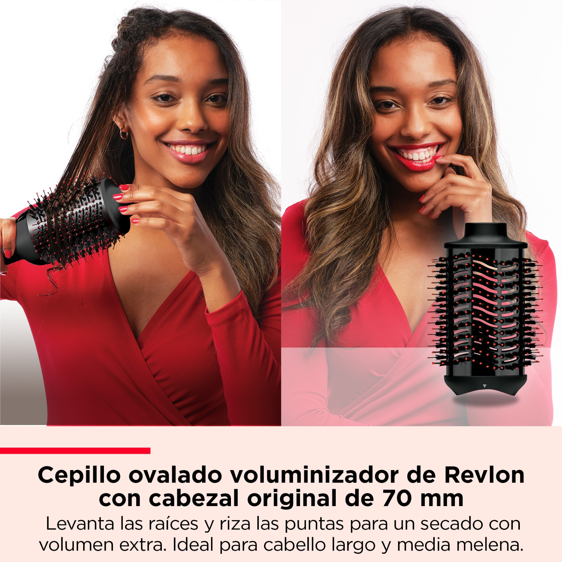 Dos mujeres usando un moldeador de cabello Revlon. El texto describe las características del producto.