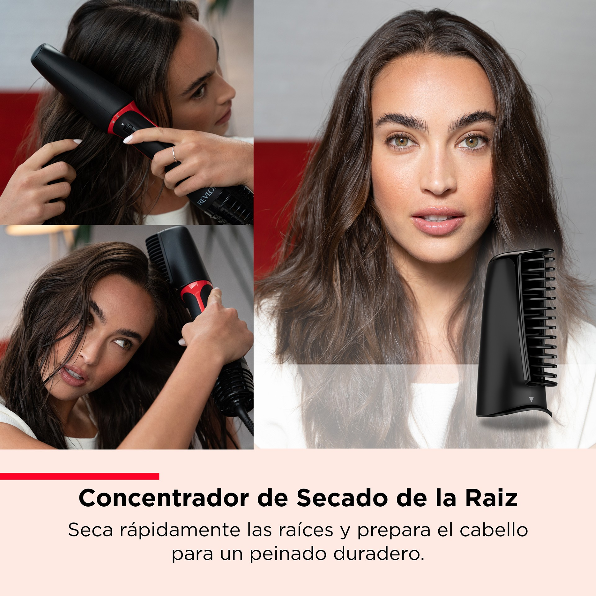 Mujer usando un moldeador de cabello para peinar su cabello, con texto debajo.