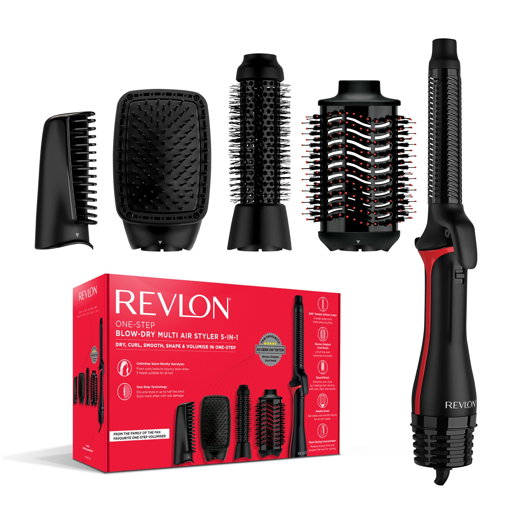 Revlon One-Step moldeador de cabello con múltiples accesorios.