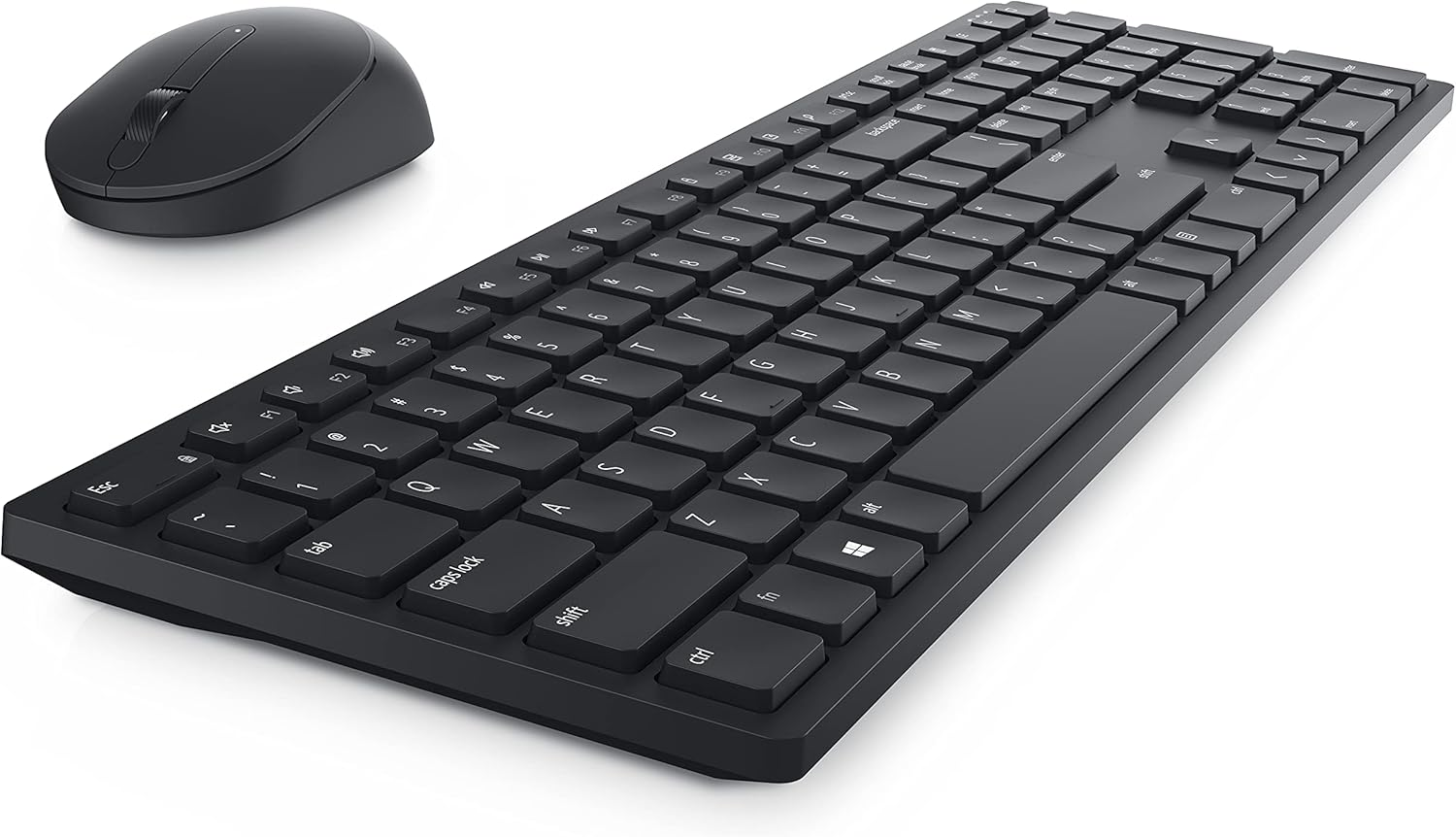 Un teclado y un ratón negros sobre un fondo blanco.