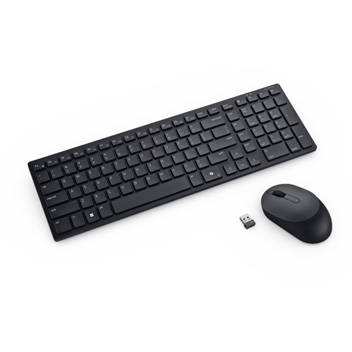 Teclado negro, ratón y receptor USB sobre fondo blanco. El teclado tiene muchas teclas.