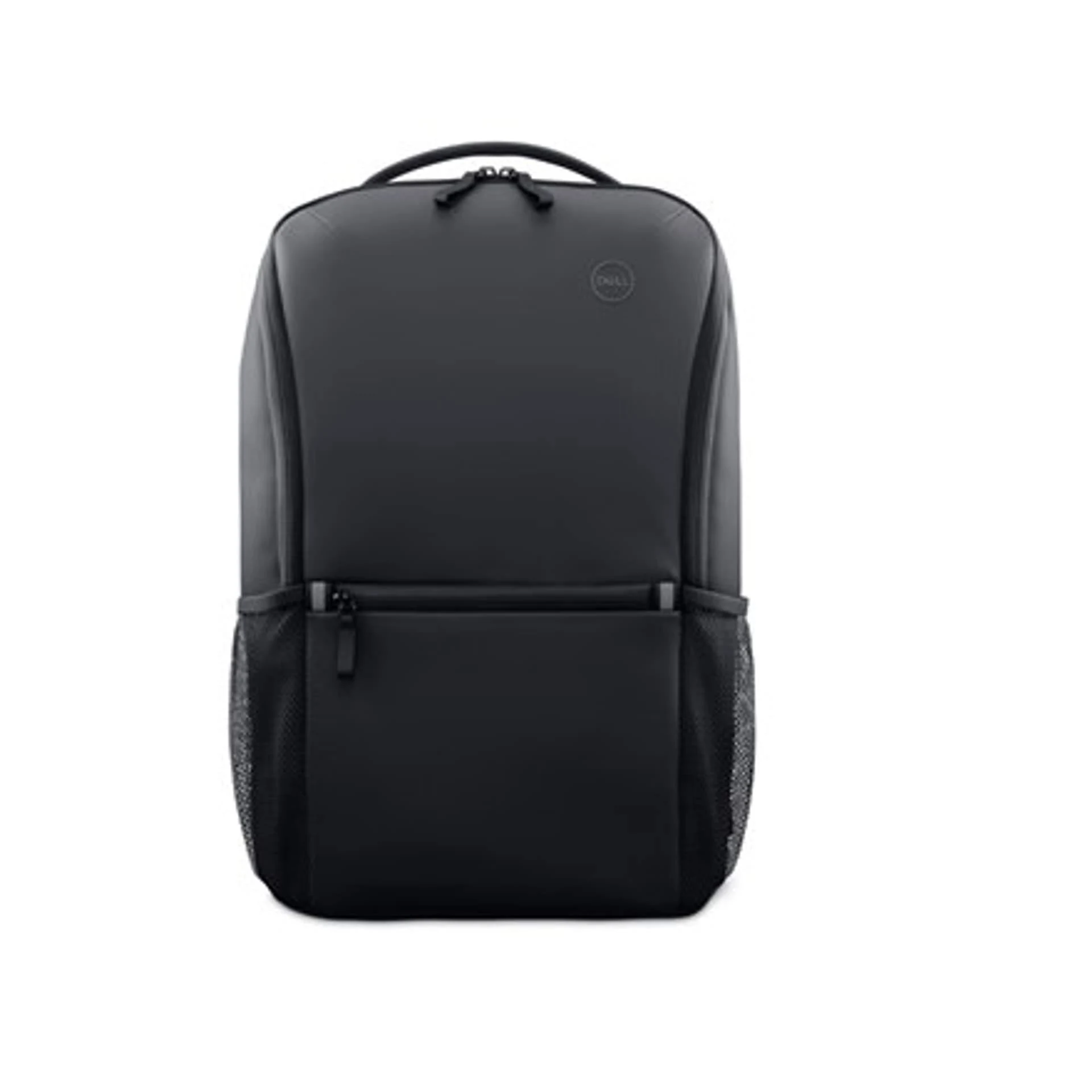 Mochila negra con asa superior y bolsillo frontal.
