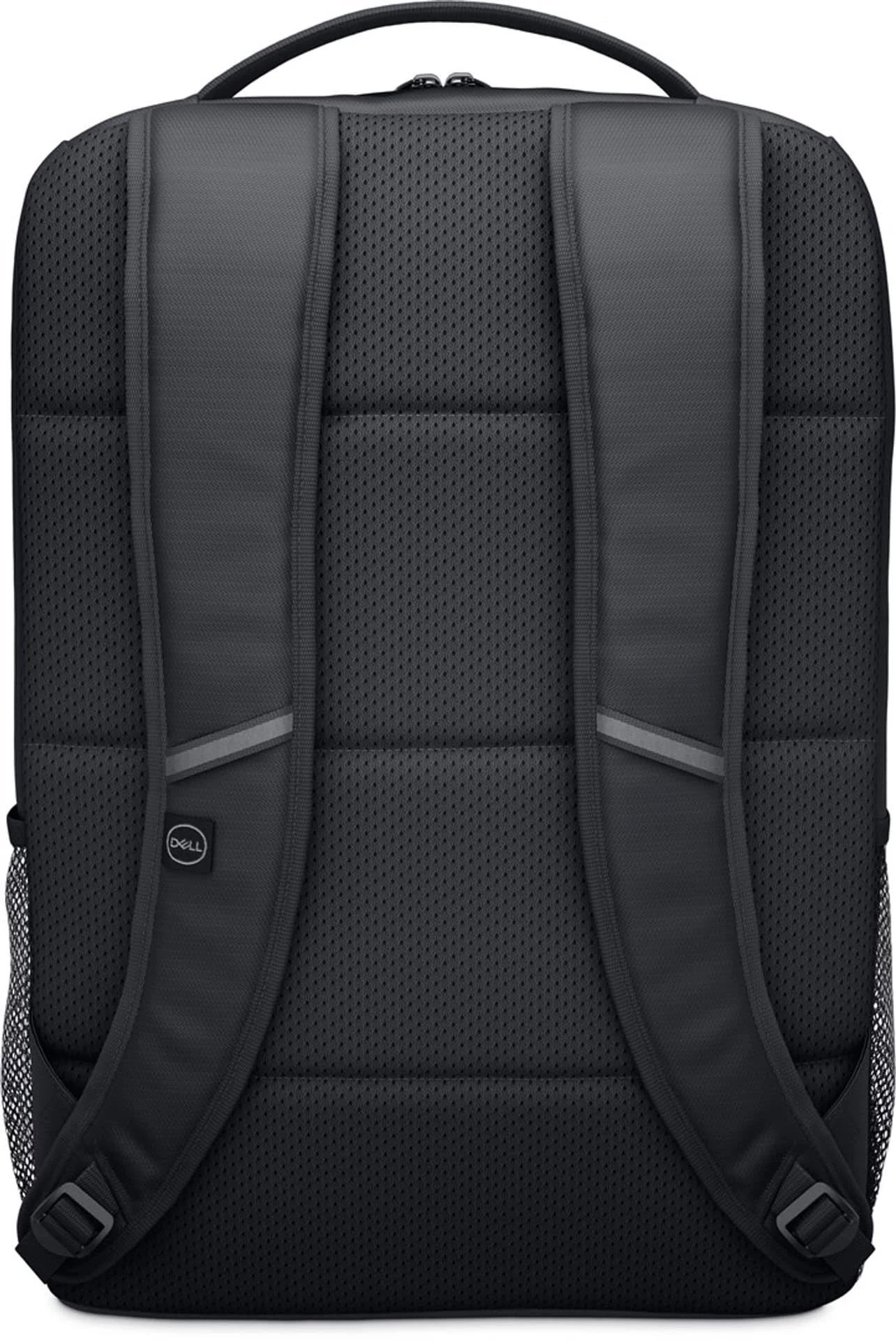 Vista trasera de una mochila Dell negra con detalles de malla y dos correas.