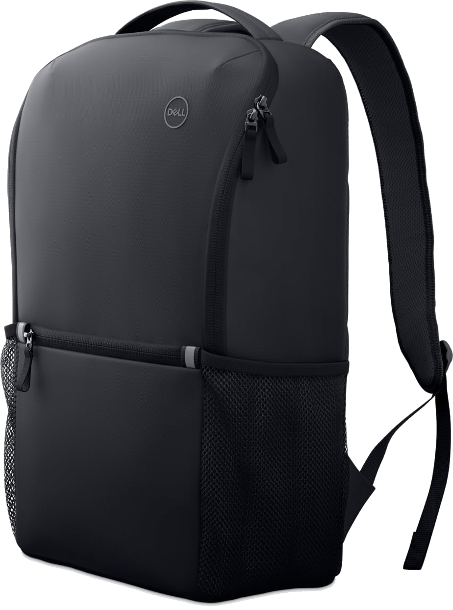 Una mochila negra con cremallera y un bolsillo lateral de malla. Logotipo de Dell.