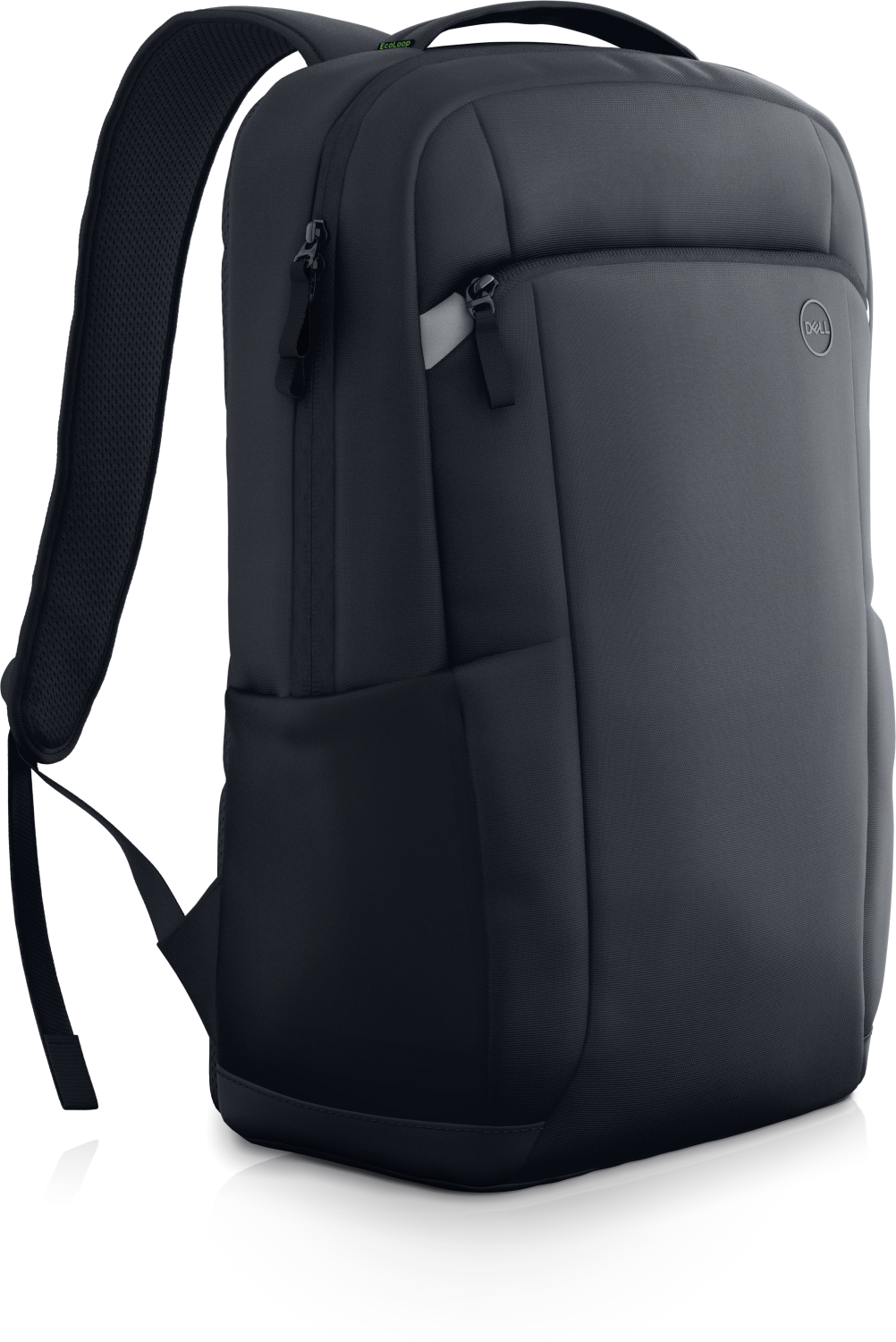 Mochila Dell negra. Dos cremalleras, un bolsillo frontal y un logotipo de Dell. Correas negras para los hombros.