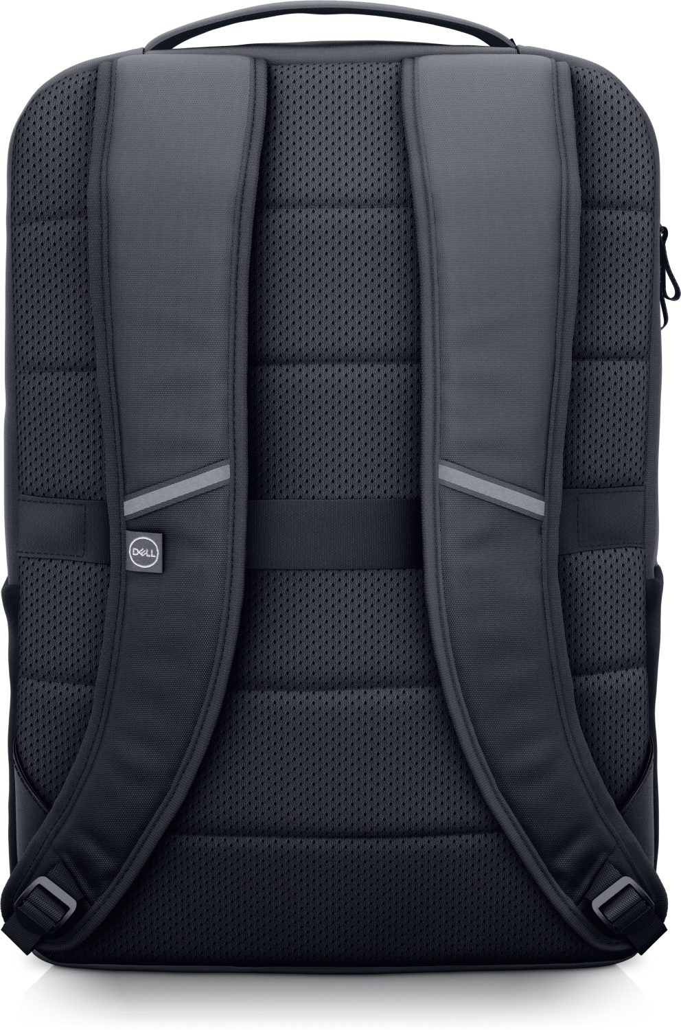 Parte trasera de una mochila negra con correas acolchadas y logotipo de Dell.