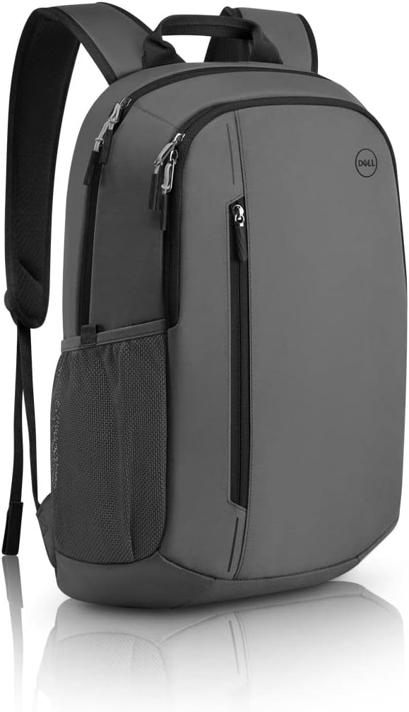 Una mochila gris con detalles en negro. Tiene un logotipo de Dell.