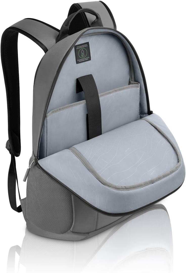 Mochila gris abierta, mostrando compartimento portátil e interior azul claro.