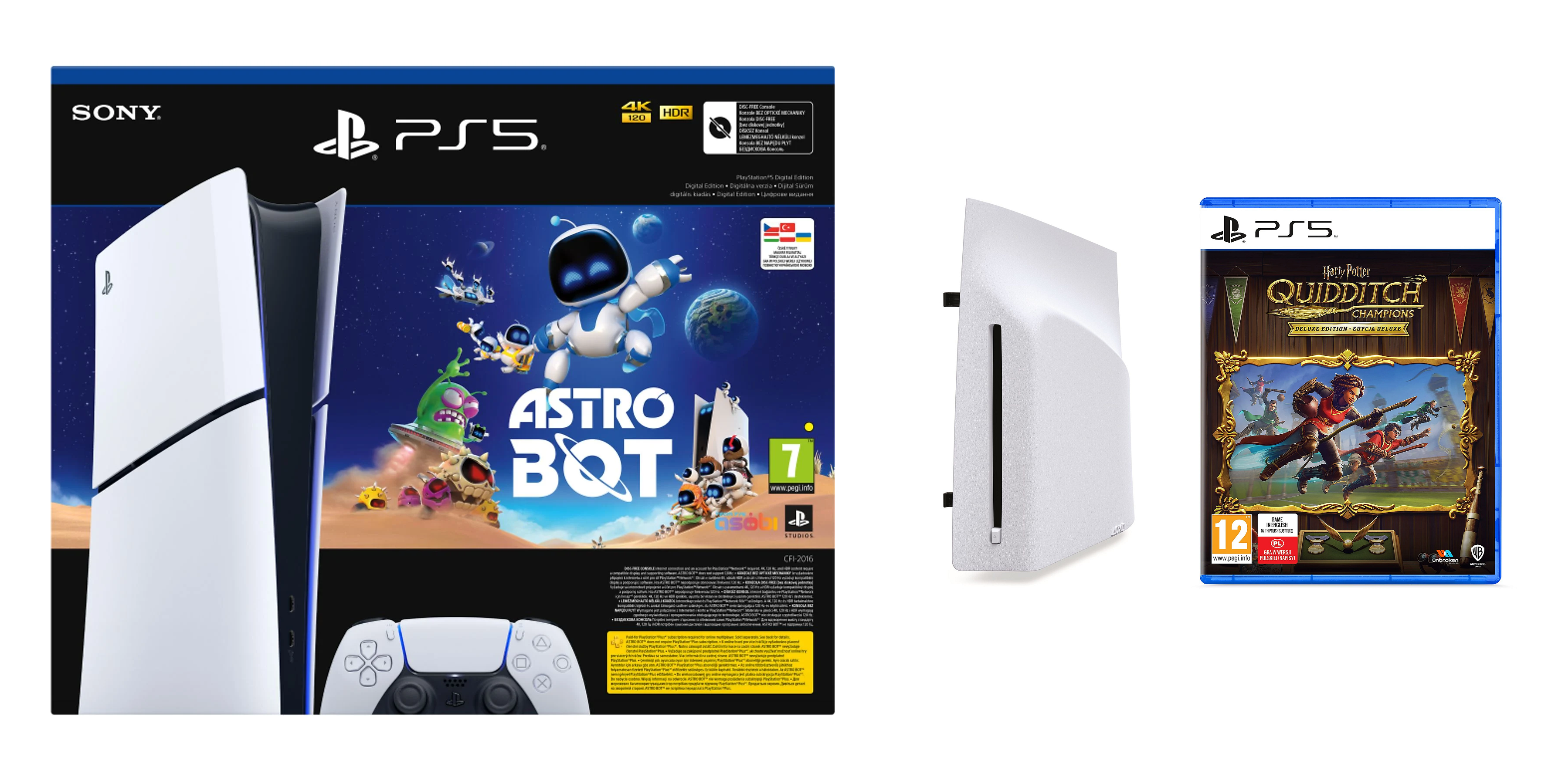 Konsola PS5 i pudełko z grą z kontrolerem PlayStation na czarnym tle.