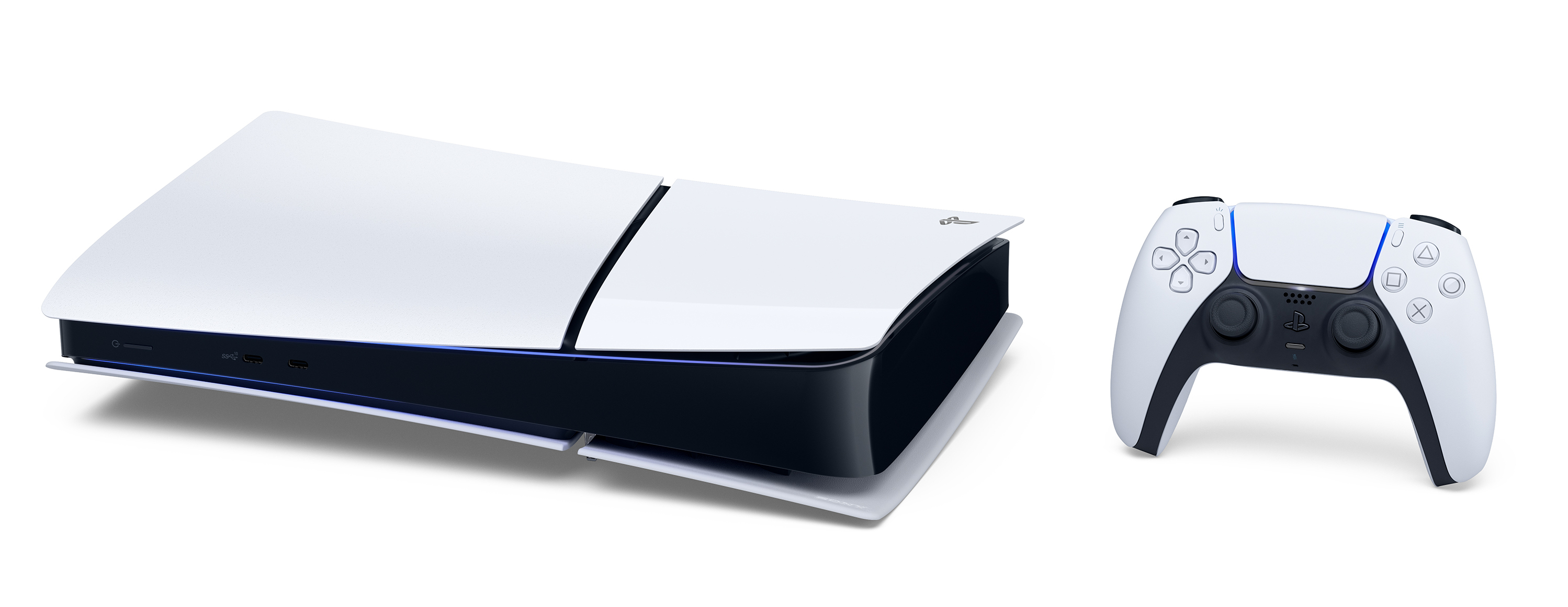 Biała konsola PlayStation 5 i kontroler na białym tle. Konsola jest z boku. Kontroler jest po prawej.