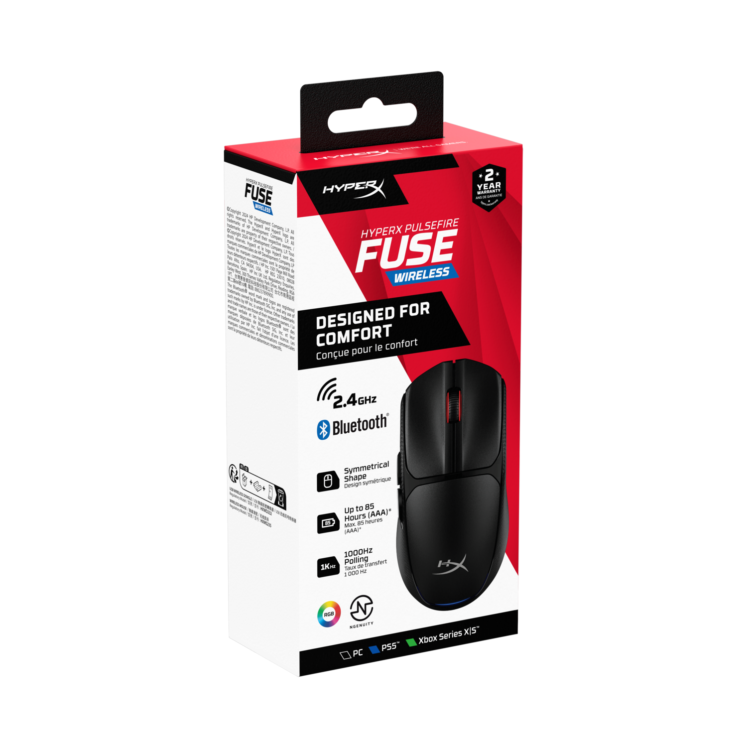 Zwarte HyperX Pulsefire Fuse draadloze muis met een doos, met het product.