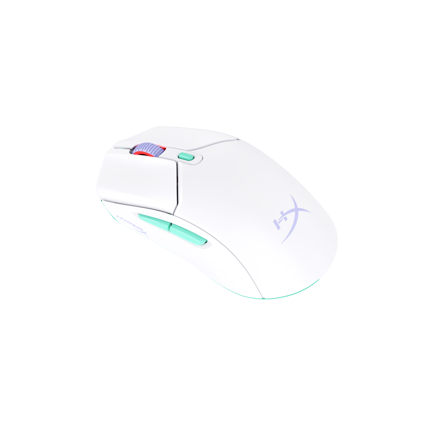 Witte gamingmuis, met een blauw en rood scrollwiel en een turquoise zijknop.