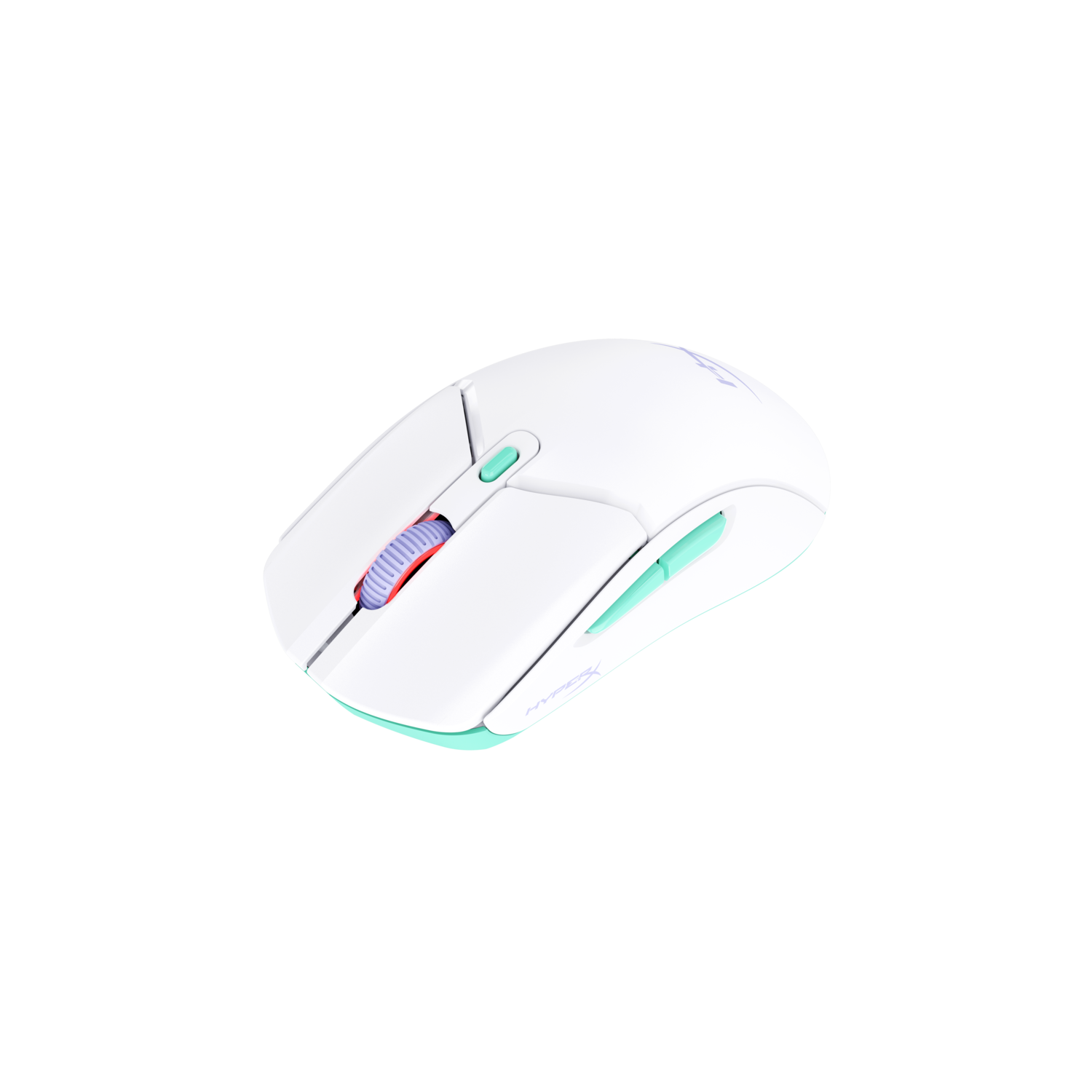 Witte gamingmuis met groene accenten en een veelkleurig scrollwiel op zwarte achtergrond.