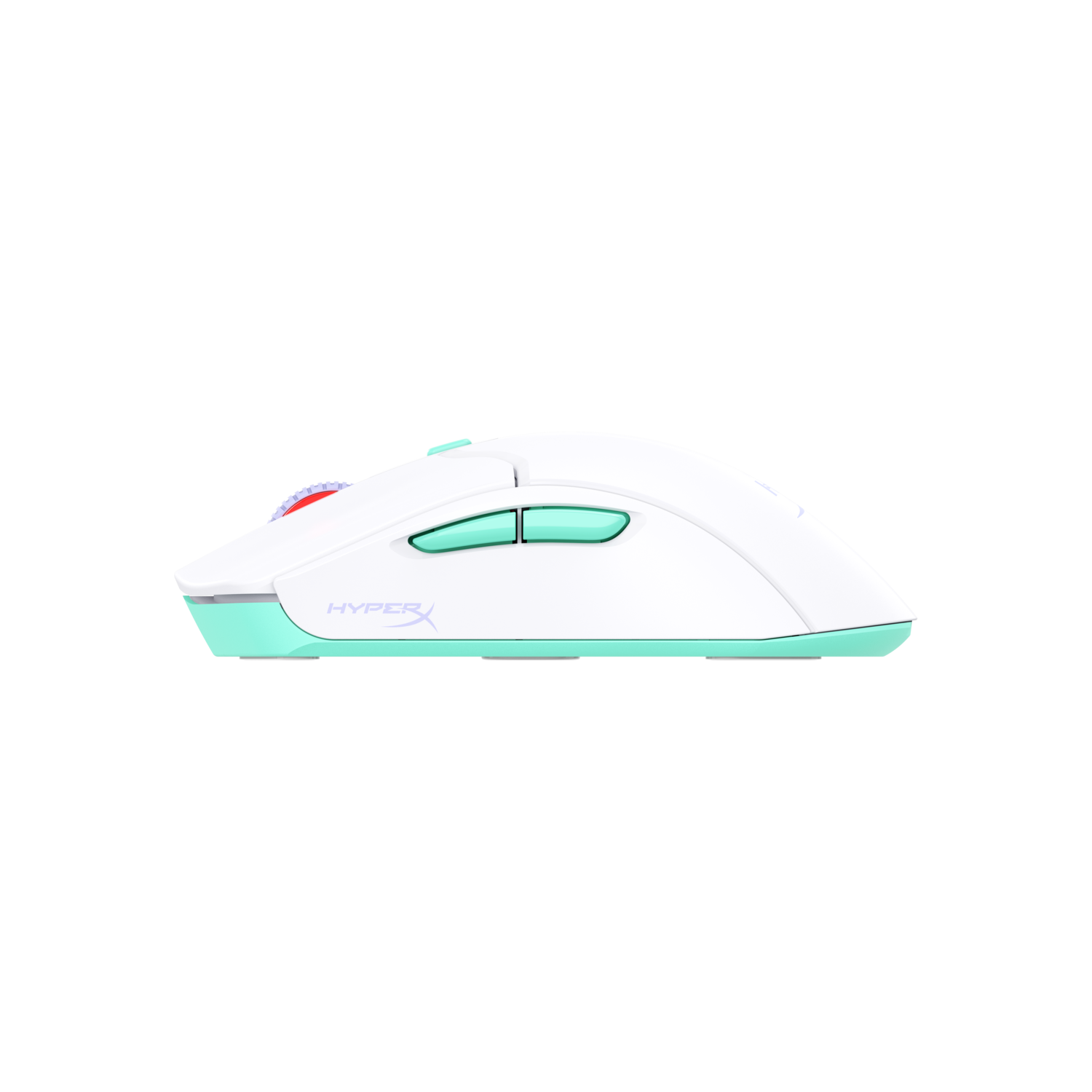Een witte HyperX gamingmuis met groene accenten.