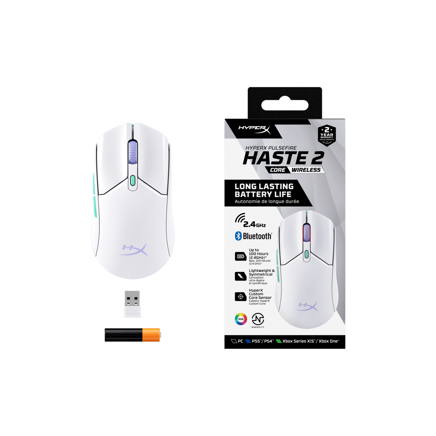Witte draadloze gamingmuis met doos en accessoires.