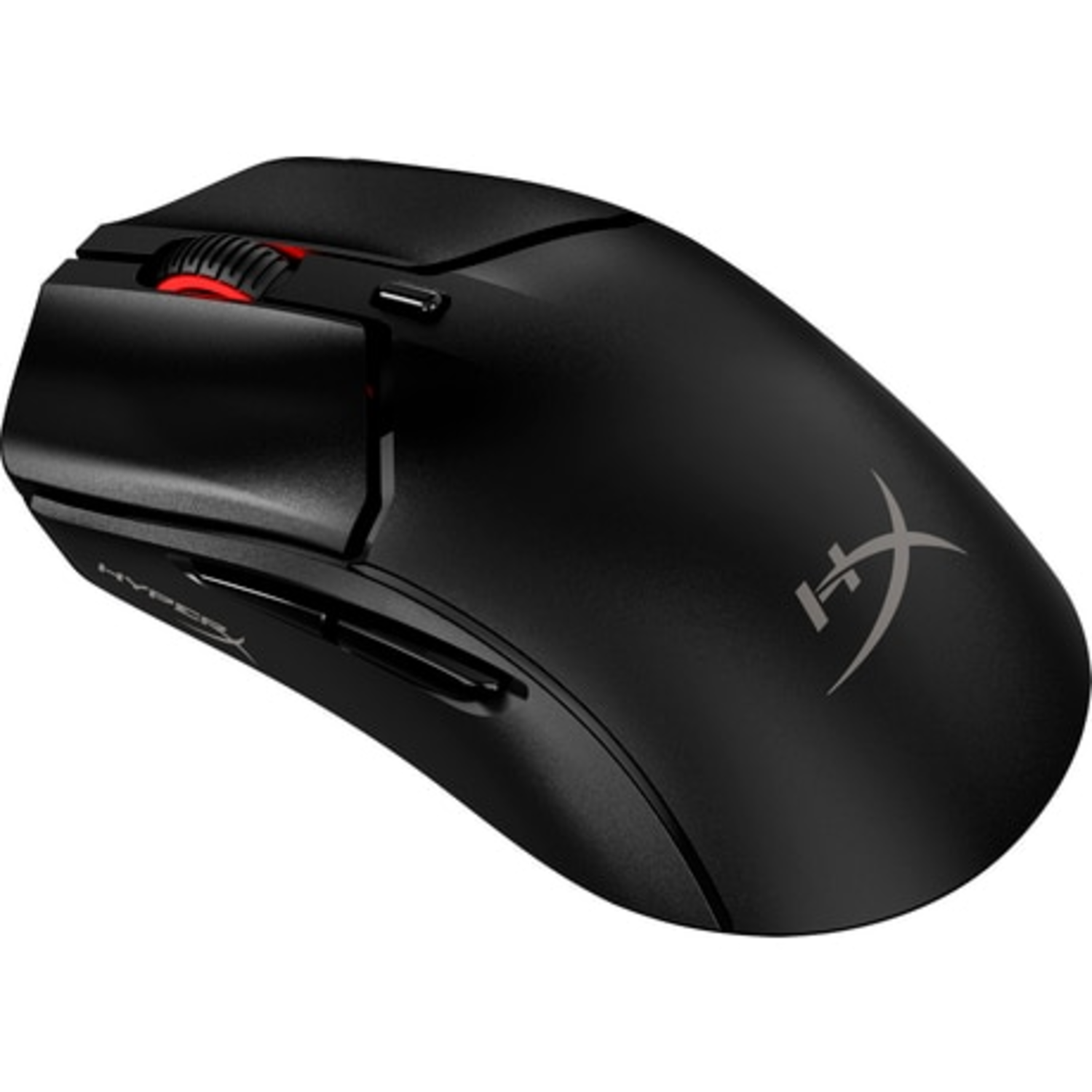 Black, ergonomic gaming mouse with red scroll wheel.
