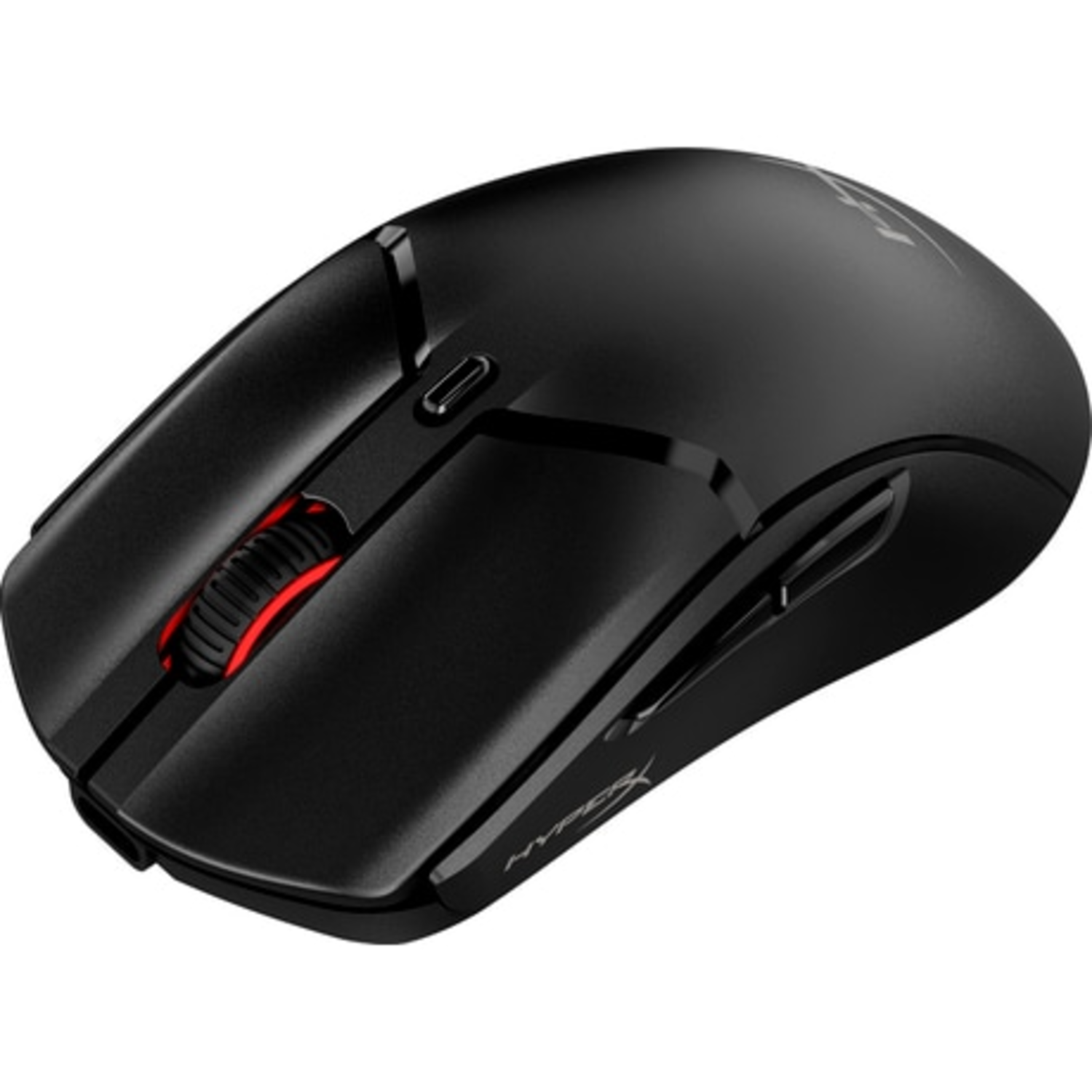 Black gaming mouse with red scroll wheel.