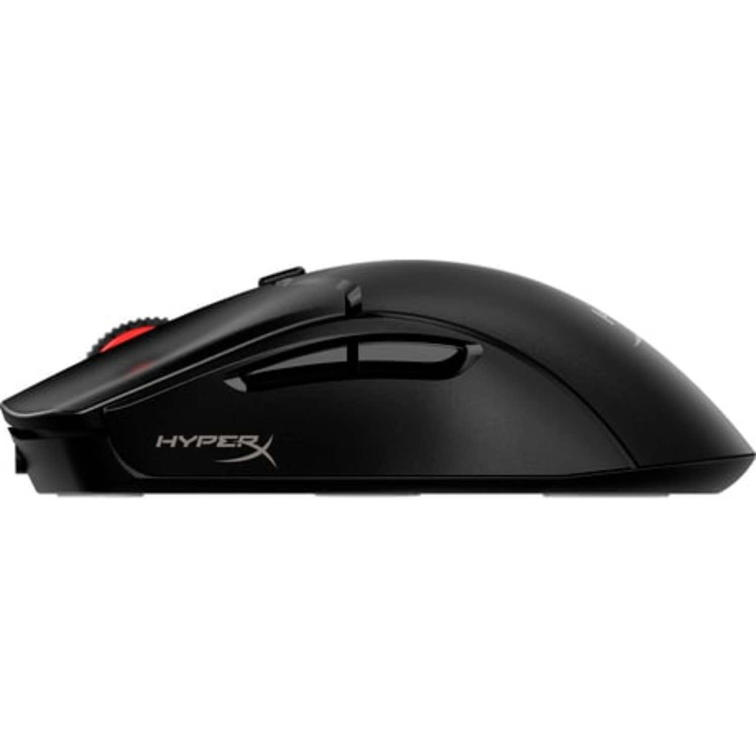 Black HyperX gaming mouse with a red scroll wheel, side buttons, and logo.