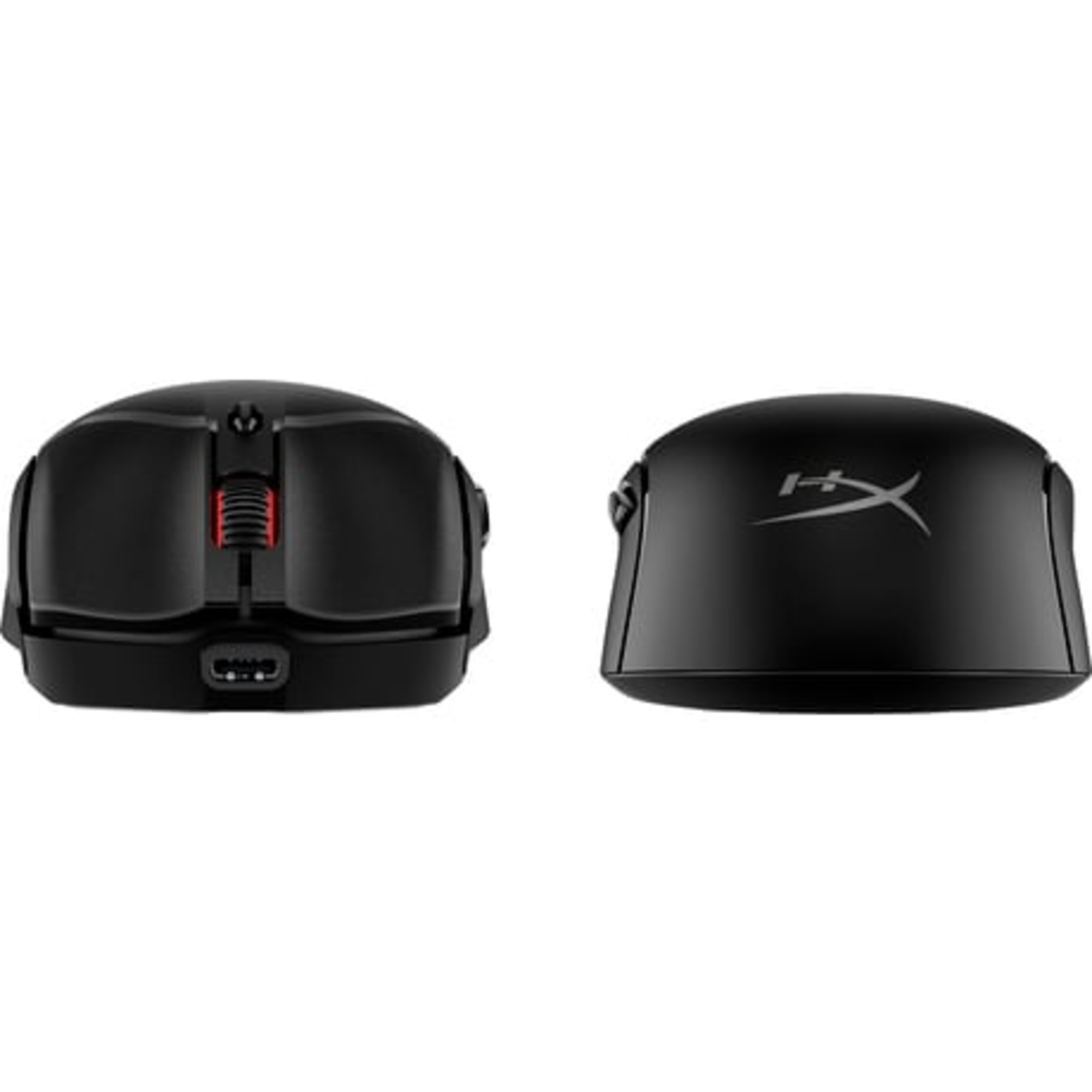 Two black gaming mouses, showing top and side views.