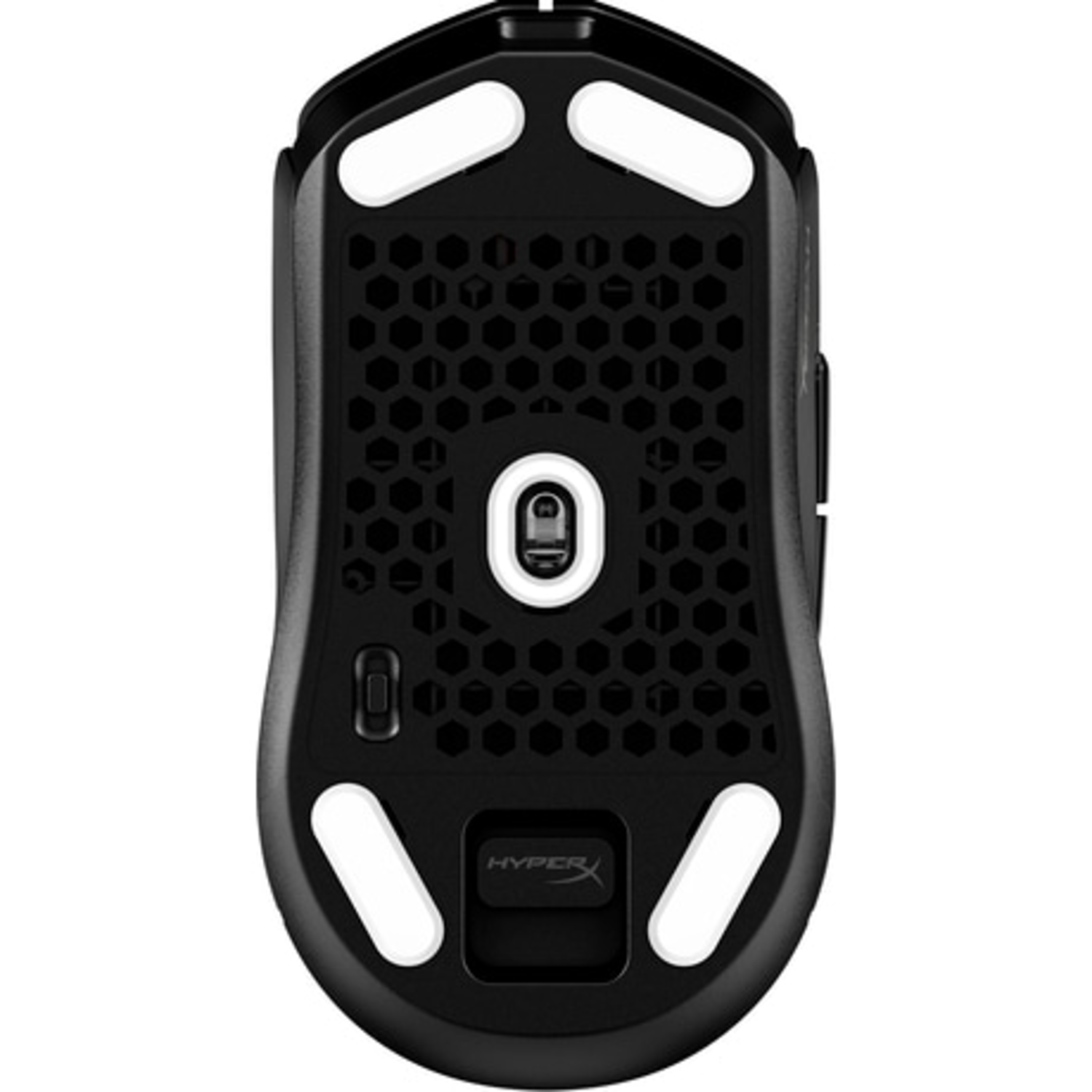 Black gaming mouse, bottom view, with white pads and HyperX logo.