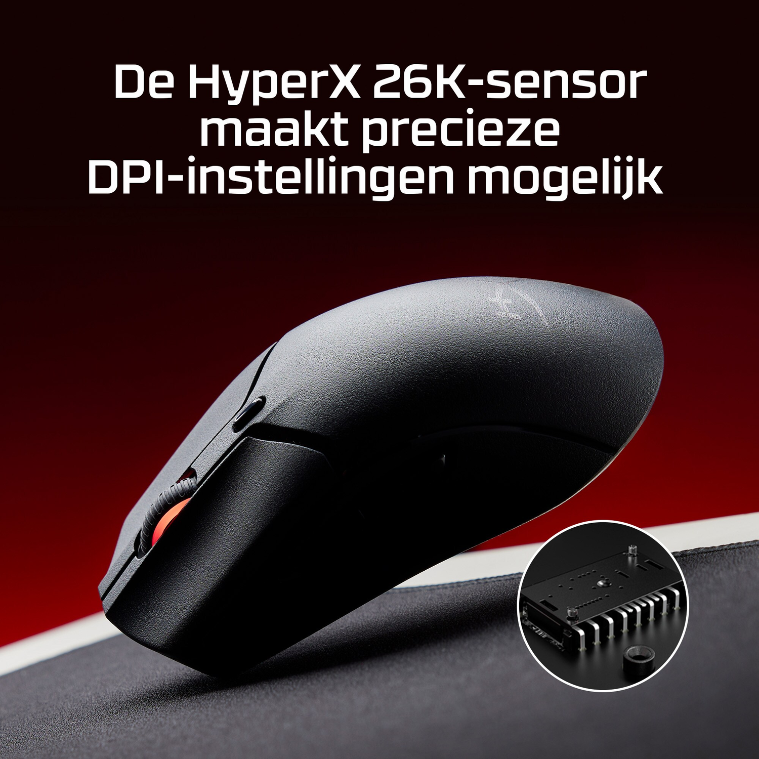 Black gaming mouse with a red button, and a small diagram.