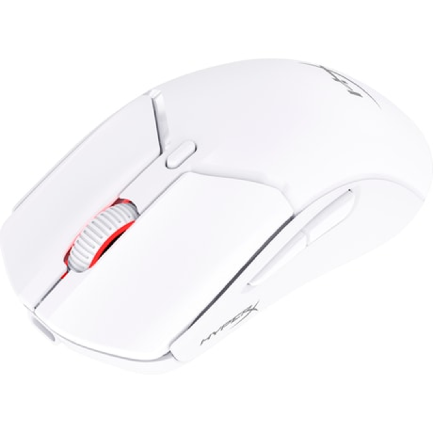 White gaming mouse with a red scroll wheel and a black HyperX logo.