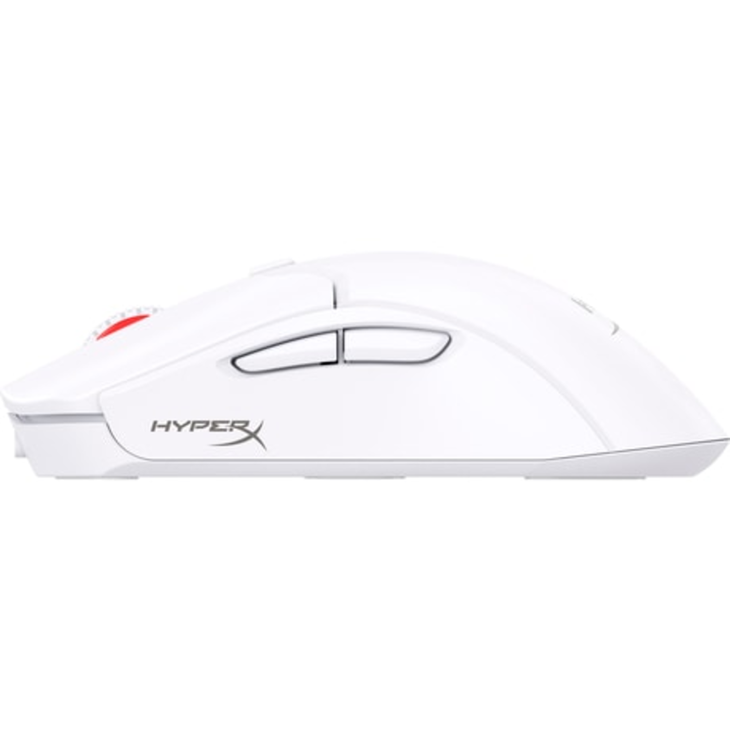 A white mouse with two buttons and a red wheel.