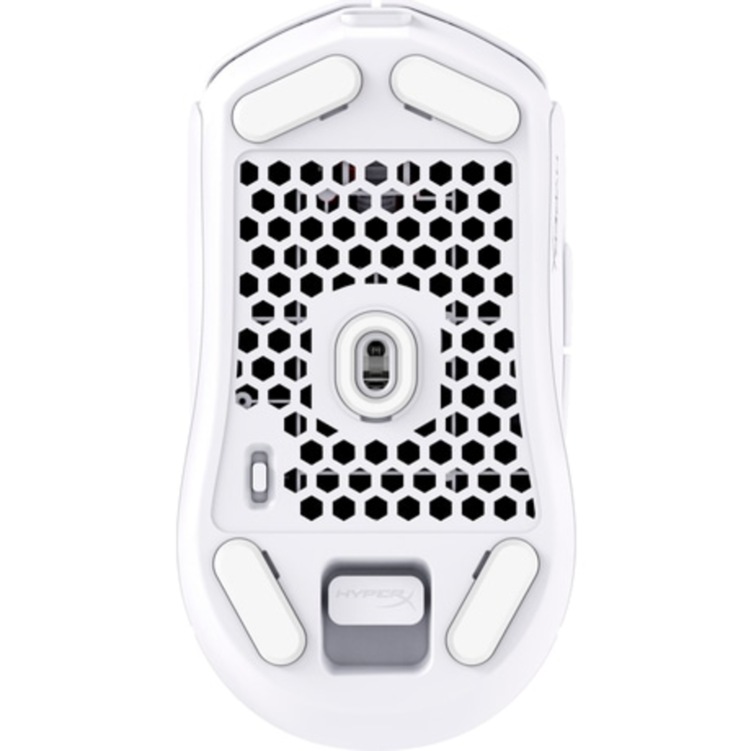 Bottom view of a white and black gaming mouse.