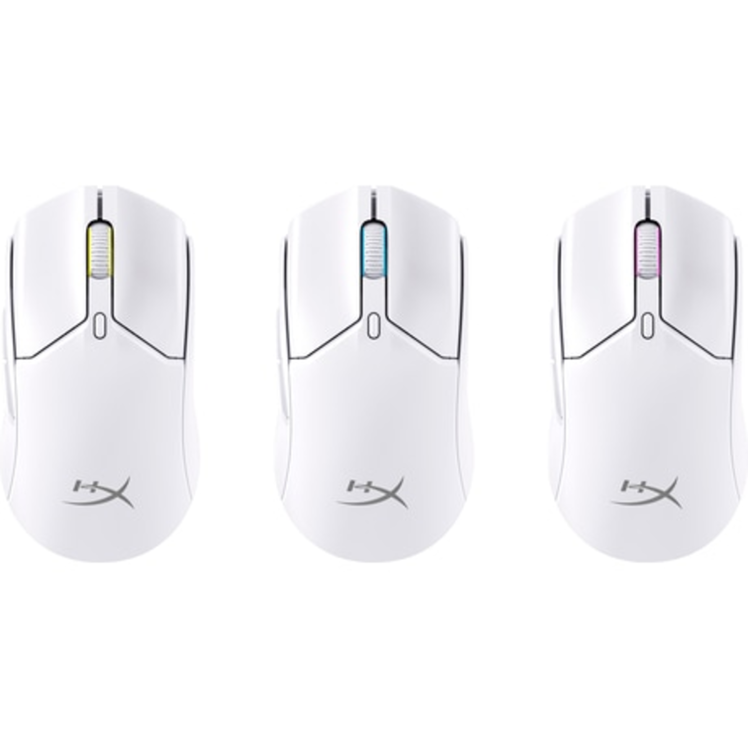 Three white computer mice with different color accents on the scroll wheels. White background.