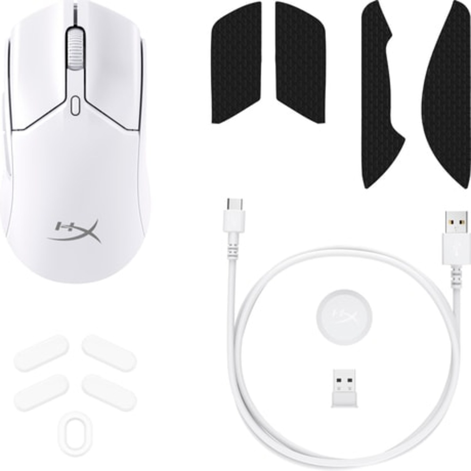 White HyperX gaming mouse and accessories.