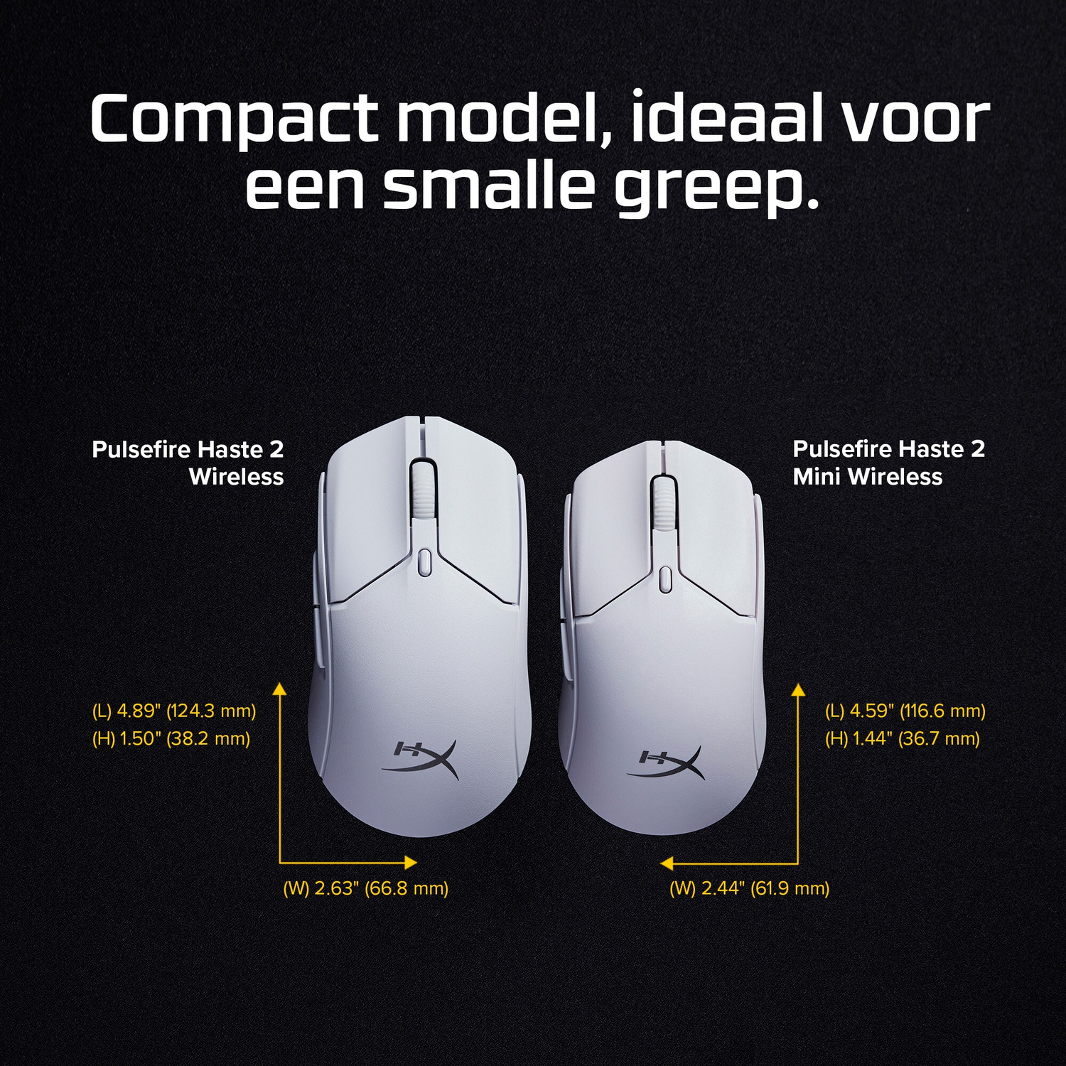 Two white gaming mice with measurements on a dark background.