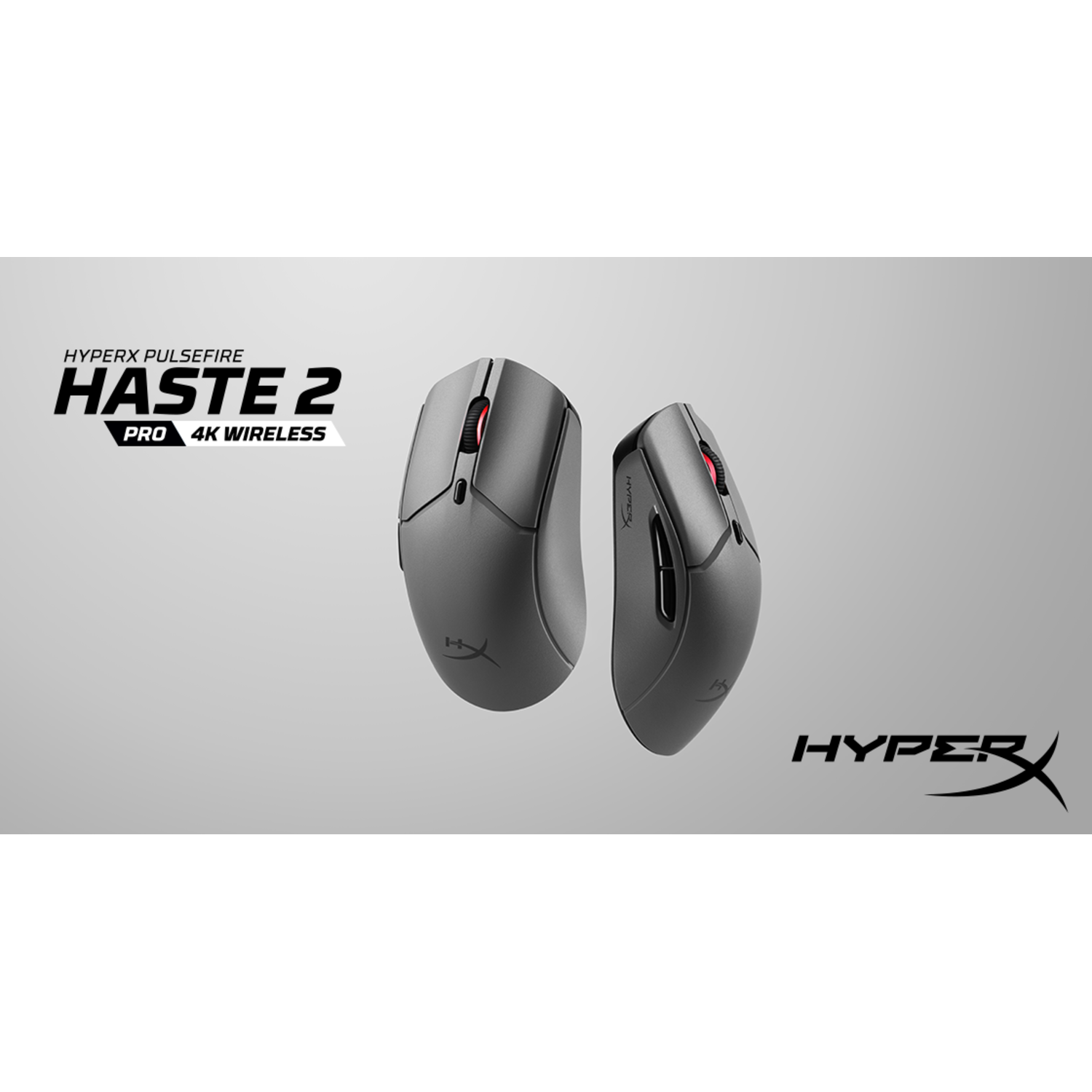 Twee grijze draadloze gamingmuizen met rode accenten, HyperX logo.